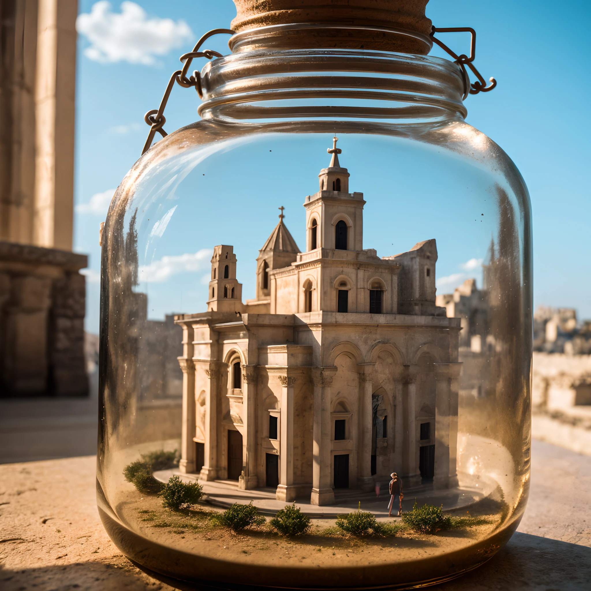 Cathedral of Matera with bell tower inside a square glass jar with lid, placing on the windowsill, extremely detailed, 8K, apocalyptic punk style, miniatures, macro photography in close-up