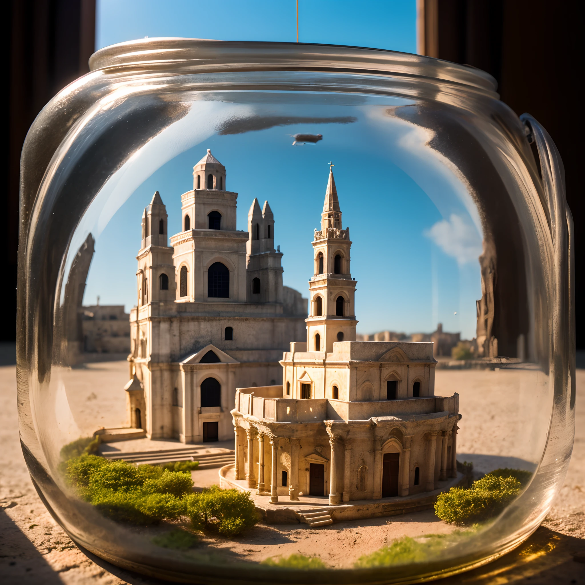 Cathedral of Matera with bell tower inside a square glass jar with lid, placing on the windowsill, extremely detailed, 8K, apocalyptic punk style, miniatures, macro photography in close-up