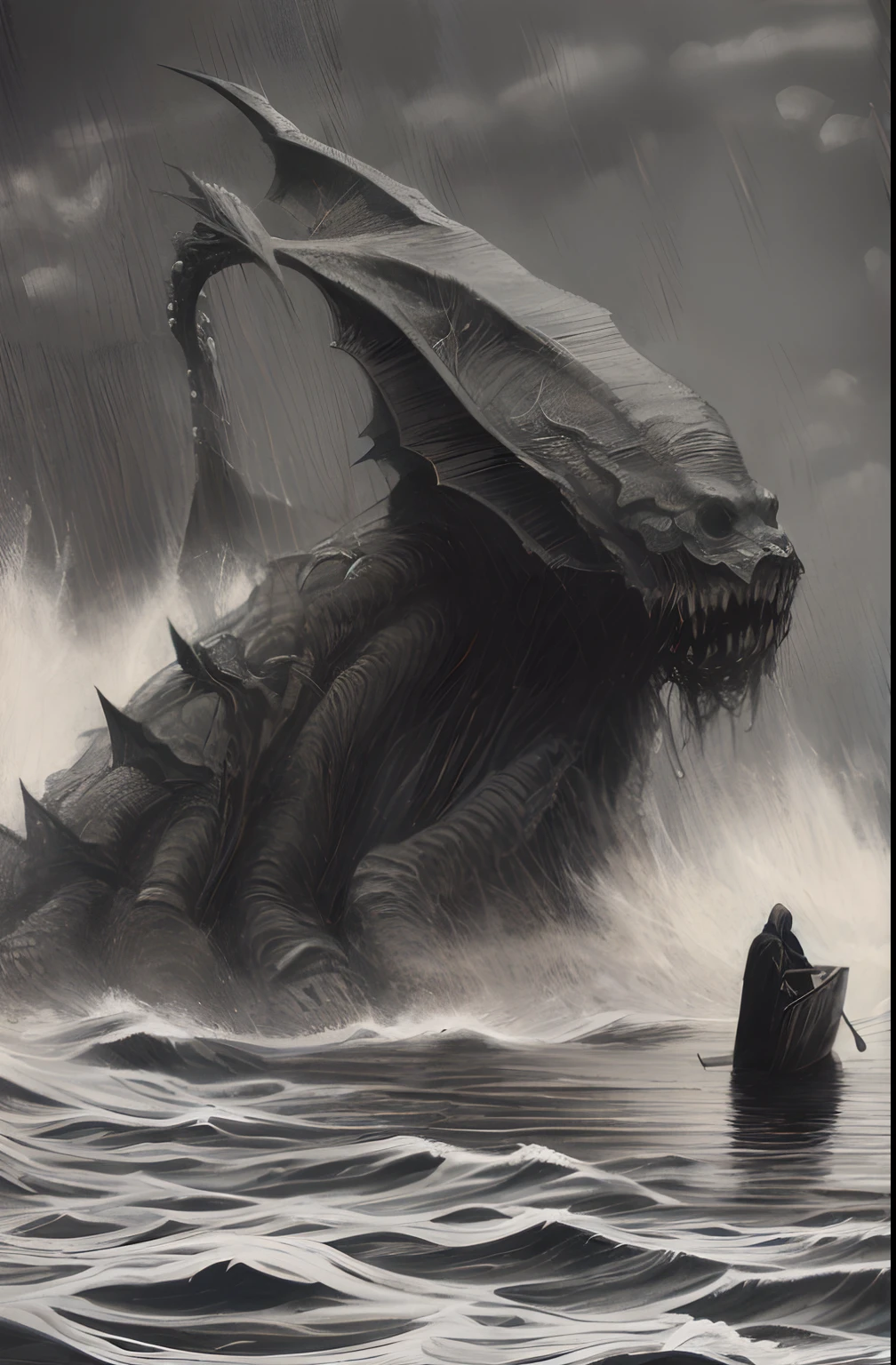 The monster in the middle of the picture has an octopus-like whisker on its chin,The back grows the wings of a bat,There is a small boat in the lower right corner,A fisherman lying on his stomach in a boat,The fisherman was scared