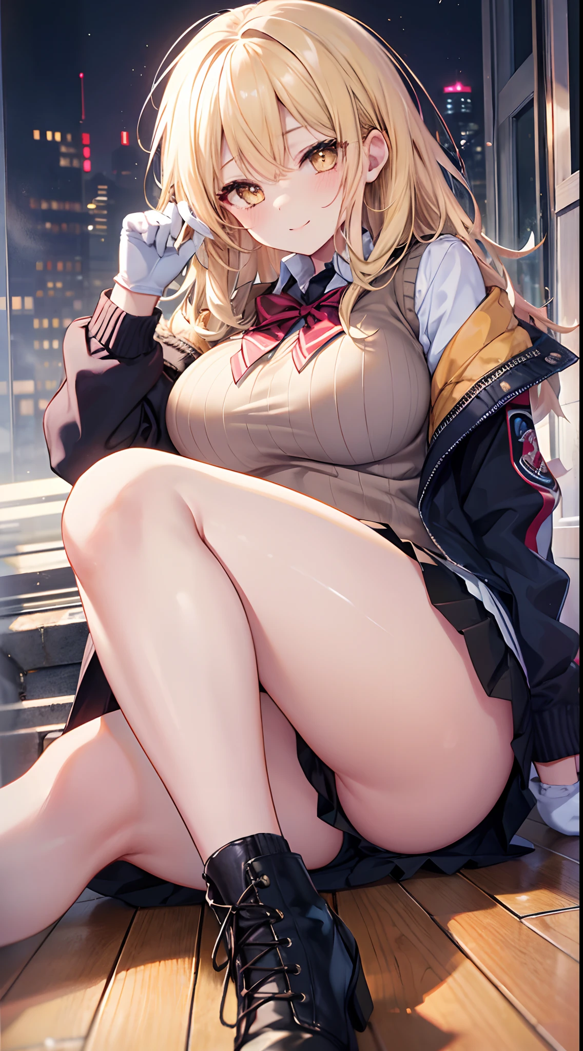 top-quality、hight resolution、1girl、Shokuho Misaki、The long-haired、Tokiwadai Uniform、student clothes、blonde  hair、thighs thighs thighs thighs、gloves、skirt by the、Sweater Vest、white thighhig、white glove、+_+、elbowgloves、yellow  eyes、pleatedskirt、shortsleeves、symbol-shaped pupils、large full breasts、jaket、blazers、sitting on、feet crossed、a smile、perfect hand、cafes、sitting on、