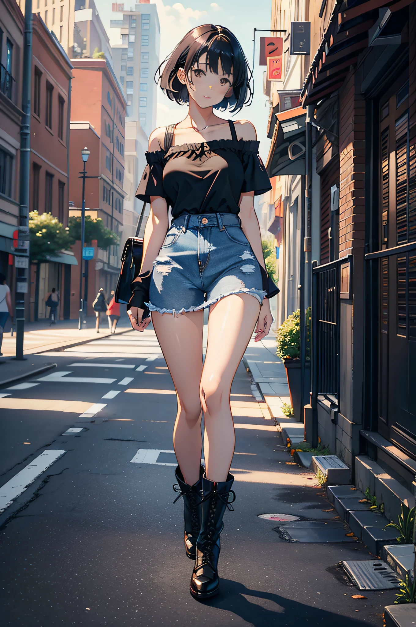 Masterpiece, Best quality, Masterpiece,Best quality,offcial art,Extremely detailed Cg Unity 8K wallpaper, day, Cityscape, Mature female, ojousama, sister,college girl,Black hair, hot girls,an off-the-shoulder top,short denim skirt,Martin boots,Full body like