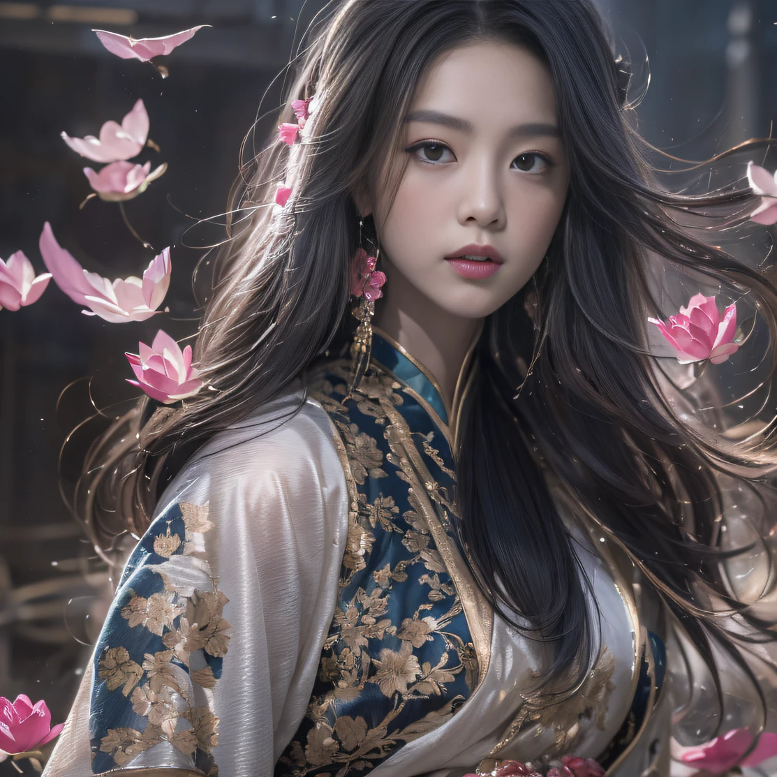 32K（tmasterpiece，k hd，hyper HD，32K）Long flowing black hair，ponds，zydink， a color， Aozhou people （Concubine girl）， （Silk scarf）， Combat posture， looking at the ground， long whitr hair， Floating hair， Carp pattern headdress， Chinese long-sleeved clothing， （abstract ink splash：1.2）， Pink petal background，Pink and white lotus flowers fly（realisticlying：1.4），Black color hair，Fallen leaves flutter，The background is pure， A high resolution， the detail， RAW photogr， Sharp Re， Nikon D850 Film Stock Photo by Jefferies Lee 4 Kodak Portra 400 Camera F1.6 shots, Rich colors, ultra-realistic vivid textures, Dramatic lighting, Unreal Engine Art Station Trend, cinestir 800，Long flowing black hair，Denim skirt