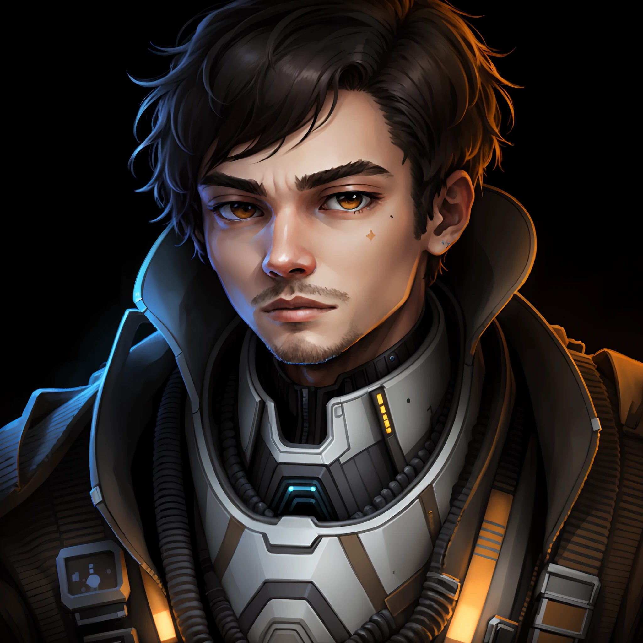 starsector, a portrait of a young man, blank background, face focus, high tech suit, short hair,