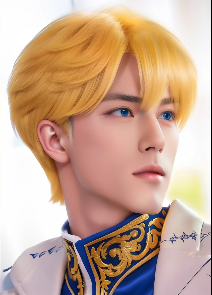 1boy, Claude de alger obelia, manhwa, yellow hair, jewel blue eyes, realistic, ultra detail, 70mm lens, handsome