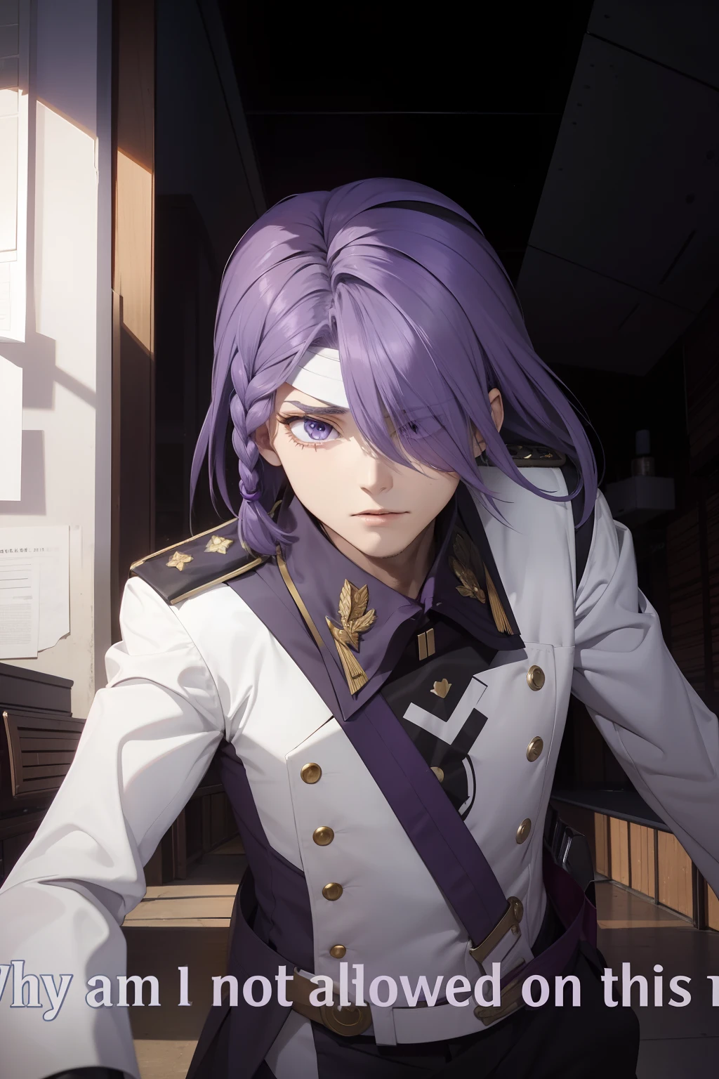 A-Dry is tall, Has sharp purple eyes、Young man with lilac-gray hair. His left eye is obscured by his hair bangs、The hair on the other side is braided from a bob. His left eye was wounded by a gunshot.、was covered with bandages. When his left eye was not bandaged, The injured person in his left eye was、Although there were vertical scars and bruises to replace the original eye that remained removed due to irreparability. The usual costume is、consisted of one of his Drusia military uniform pilot equipment, And in his princely costume he was dressed in a royal costume.