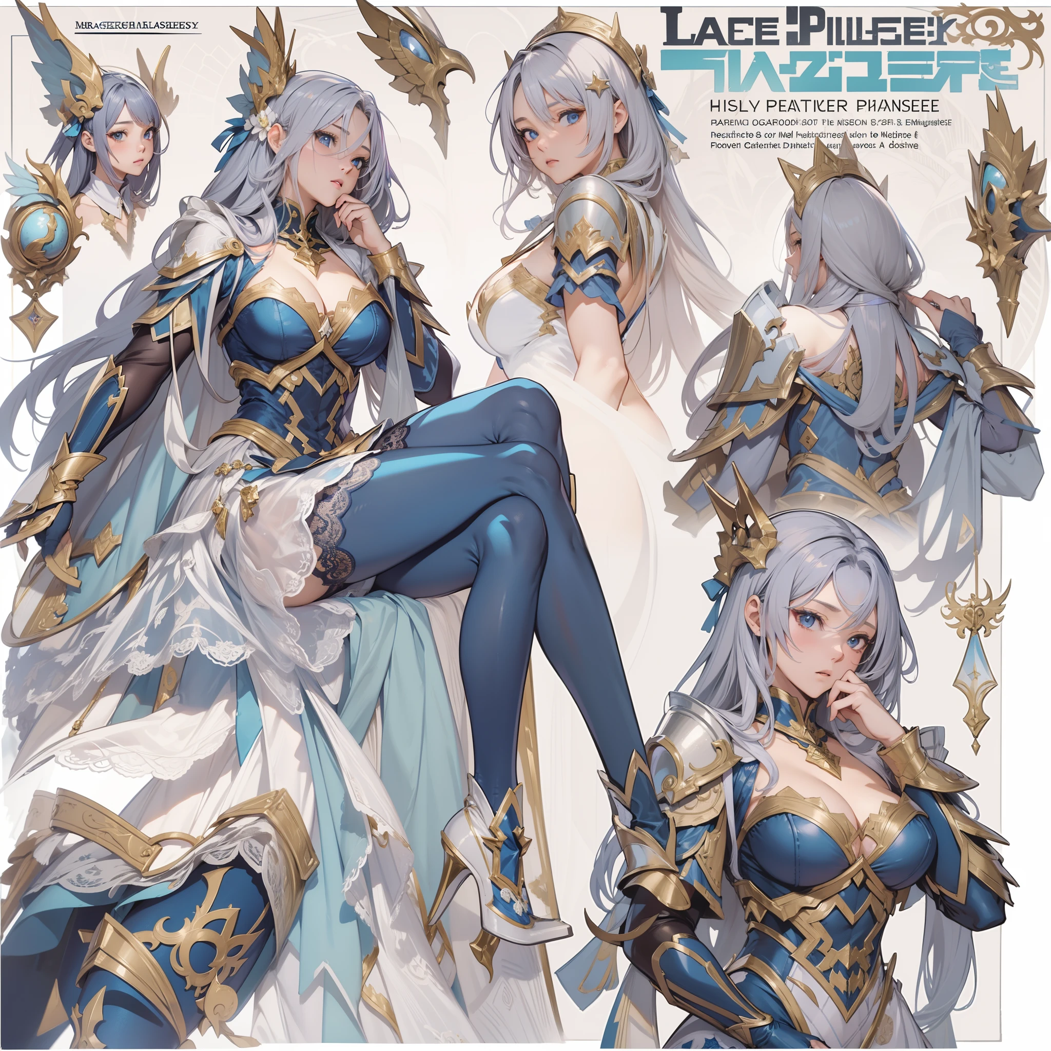 ((Masterpiece, Highest quality)), Detailed face, CharacterDesignSheet， full bodyesbian, Full of details, Multiple poses and expressions, Highly detailed, Depth, Many parts，Beautiful paladin girl，lacepantyhose, High Balance, Natural light, Lace，lacepantyhose，blue colors，starrysky，Star decoration