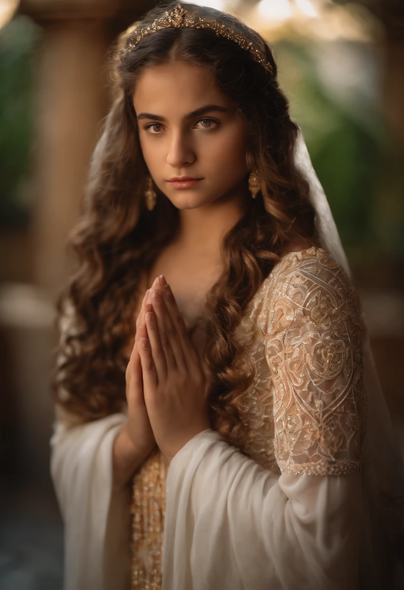 Uma menina de 15 anos, branca, com roupas angelicais que cobrem todo o corpo, hands in prayer position, olhos abertos, olhar de ternura, staring directly at camera