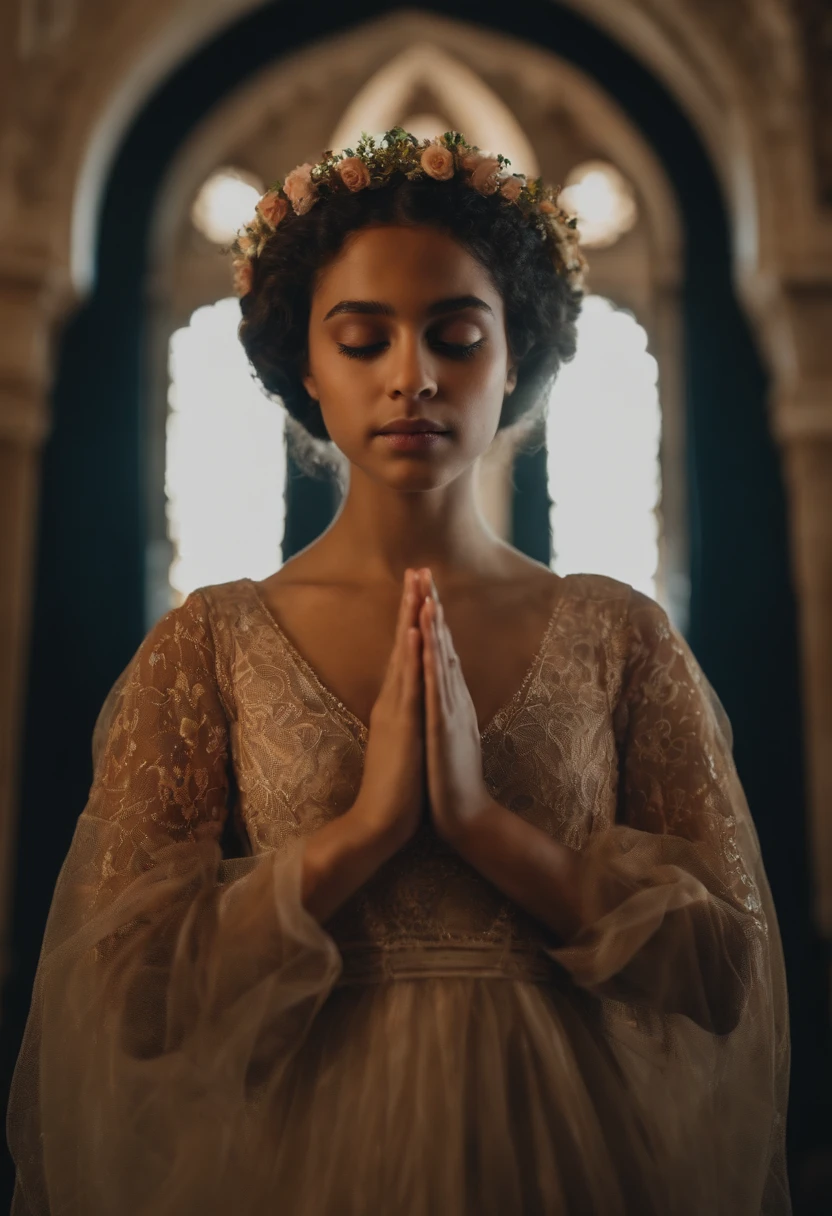 Uma menina de 15 anos, branca, com roupas angelicais que cobrem todo o corpo, hands in prayer position, olhos abertos, olhar de ternura, staring directly at camera