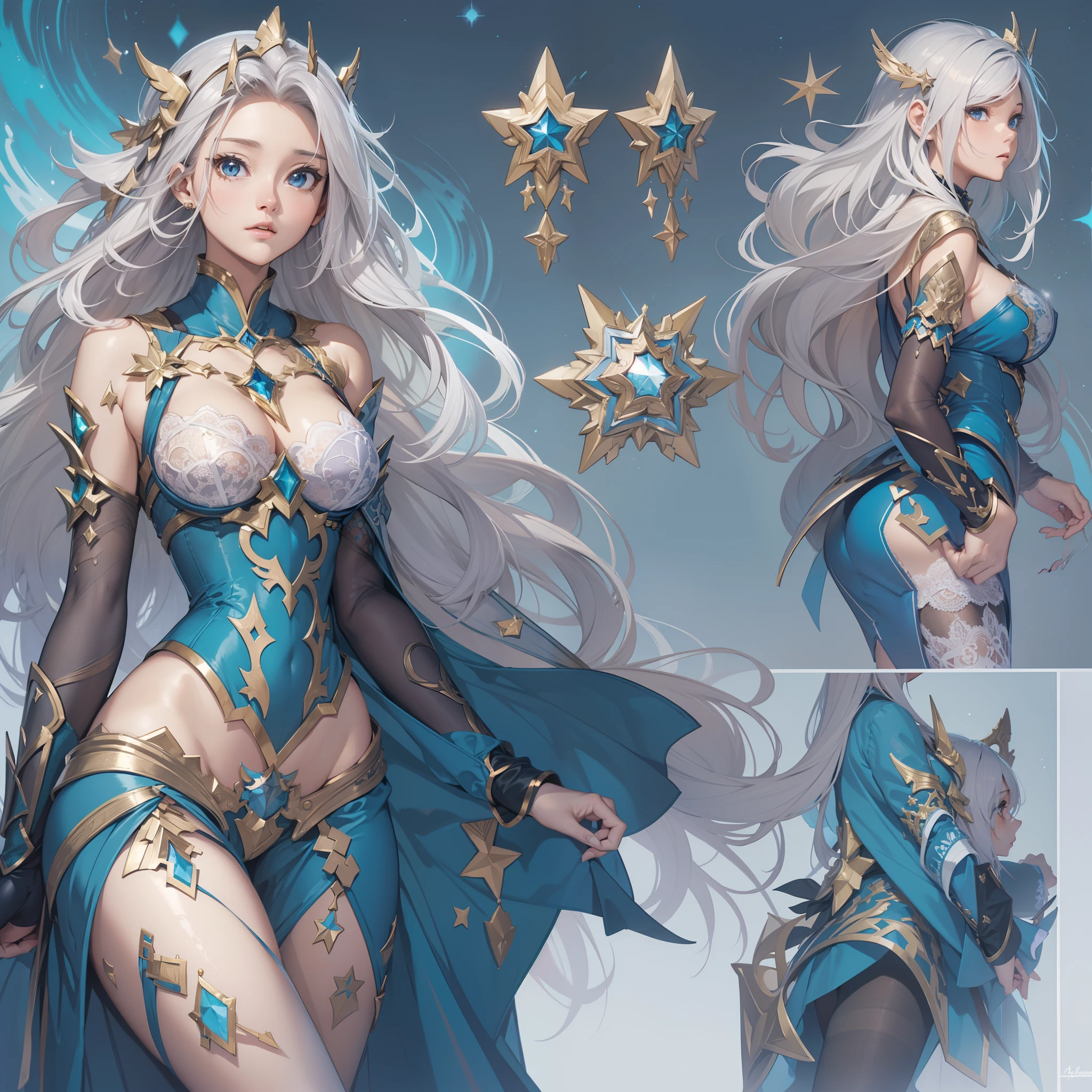 ((Masterpiece, Highest quality)), Detailed face, CharacterDesignSheet, full bodyesbian, Full of details, Multiple poses and expressions, Highly detailed, Depth, Many parts,Beautiful paladin girl,lacepantyhose, High Balance, Natural light, Lace,lacepantyhose,blue colors,starrysky,Star decoration