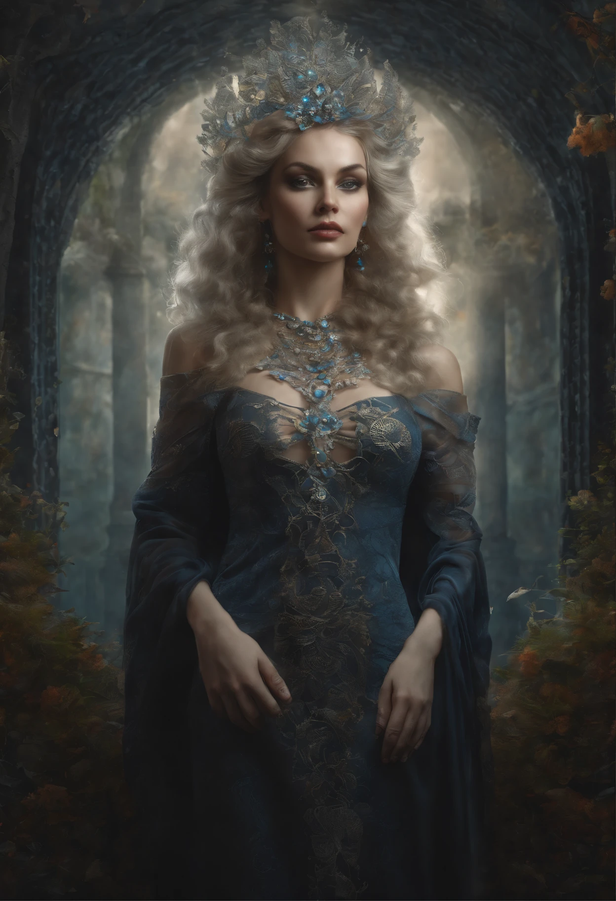 Waist high Portrait of an exotic beautiful russian woman wearing trendy clothing at a beach, perfect detailed face, detailed symmetric hazel eyes with circular iris, realistic, stunning realistic photograph, 3d render, octane render, intricately detailed, cinematic, trending on artstation, Isometric, Centered hipereallistic cover photo, awesome full color, hand drawn, dark, gritty, mucha, klimt, erte 12k, high definition, cinematic, neoprene, behance contest winner, portrait featured on unsplash, stylized digital art, smooth, ultra high definition, 8k, unreal engine 5, ultra sharp focus, intricate artwork masterpiece, ominous, epic, TanvirTamim, trending on artstation, by artgerm, h. r. giger and beksinski, highly detailed, vibrant. Woman with platinum hair, in a BLUEISH dress of ice flowers, a beautiful crown on her head, full body portrait, beautiful skin, beautiful body, big titis, detailed face, detailed skin, front, background frozen forest, cover, unzoom, choker, hyperdetailed painting, Bar lighting, complex, 4k resolution concept art portrait by Greg Rutkowski, Artgerm, WLOP, Alphonse Mucha, little fusion pojatti realistic goth, fractal isometrics details bioluminescens : a stunning realistic photograph 30 years, luminism --auto --s2