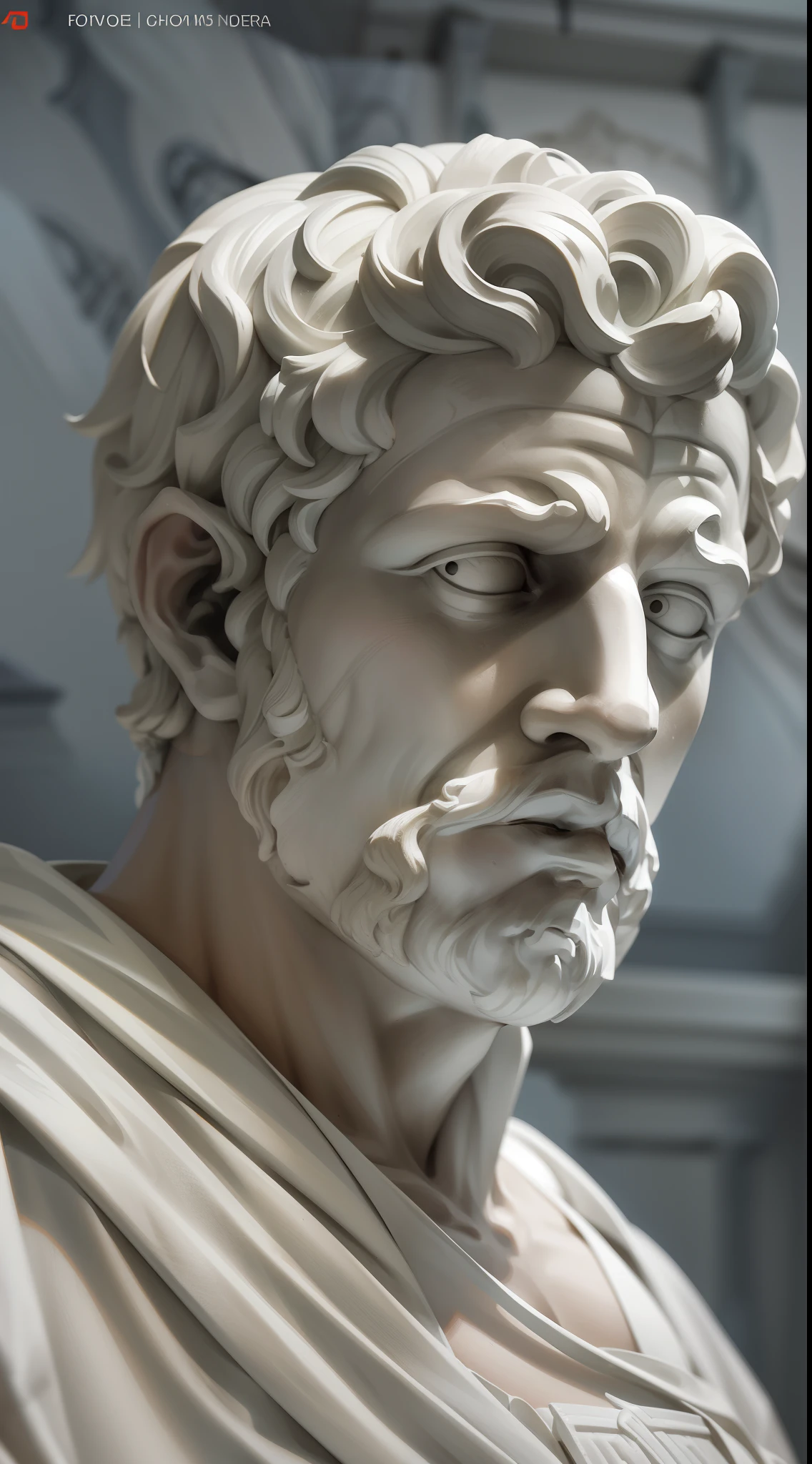 A realistic Greek white marble statue of Marcus Seneca carefully detailed wearing a ghostly toga, fundo neutro, Moody, , fotorrealista, Jantar de cinema atencioso, super detalhada, Hiper realista, luzes brilhantes, 8 mil