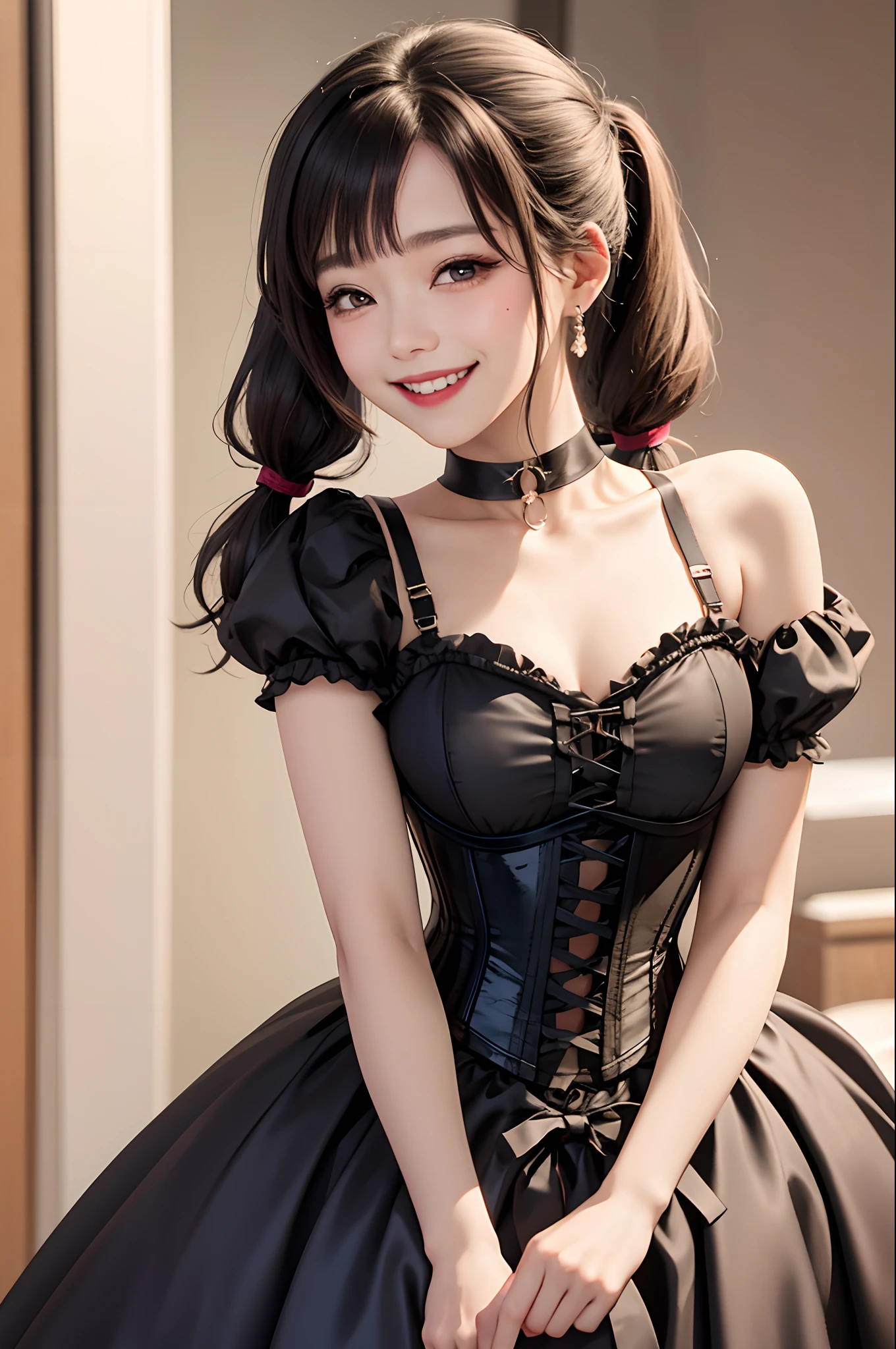 (((During sex)))、(Pink and gold and black Lolita costume)，gorgeous costumes，Smile full of happiness、panting、Squat down with your crotch open、During sex、Angle from below、Sex Second Round、Expression in a state of excitement、yawning being、short-hair