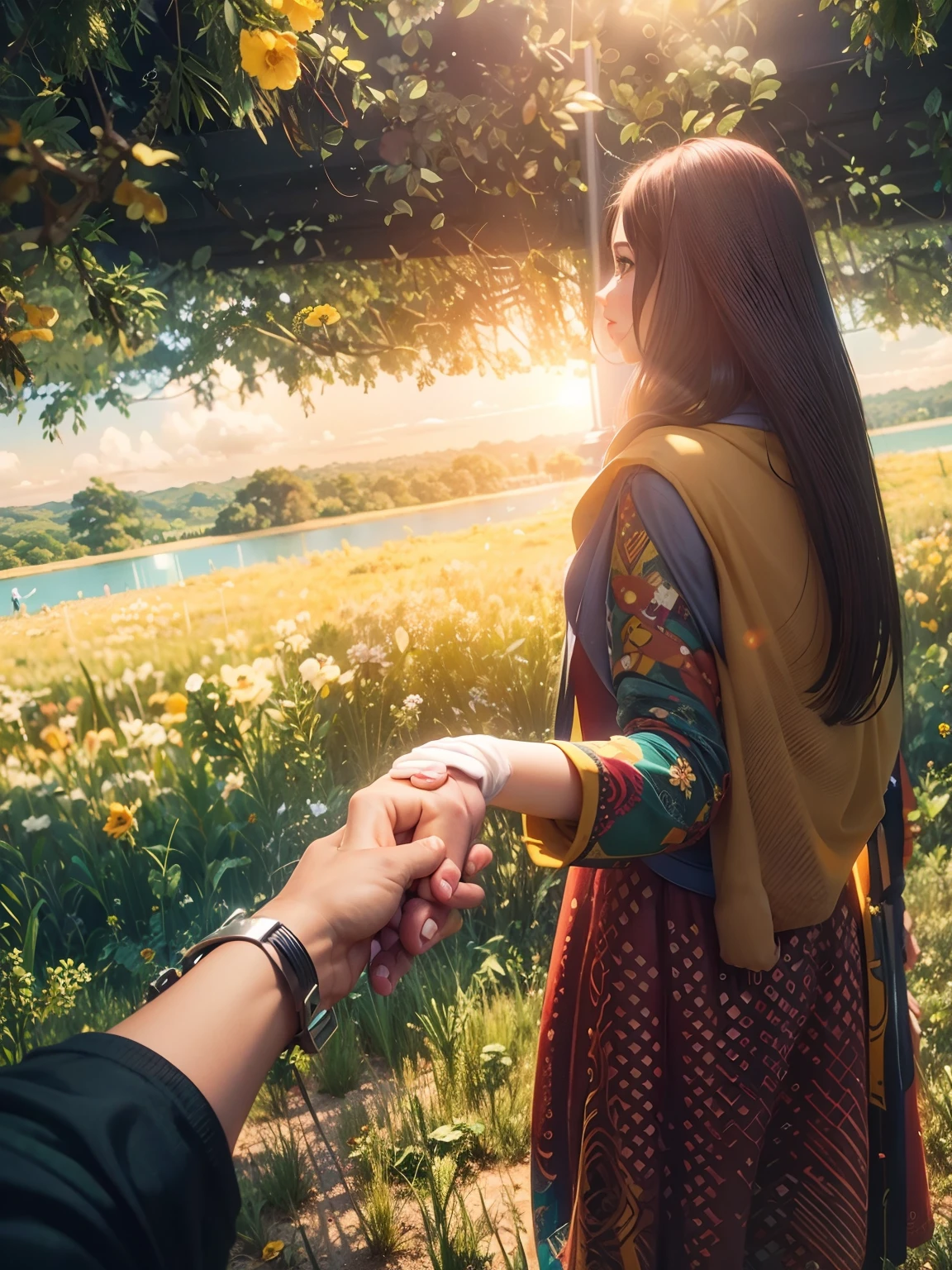 cartoon type,realistic,4k, couple pic, holding hands