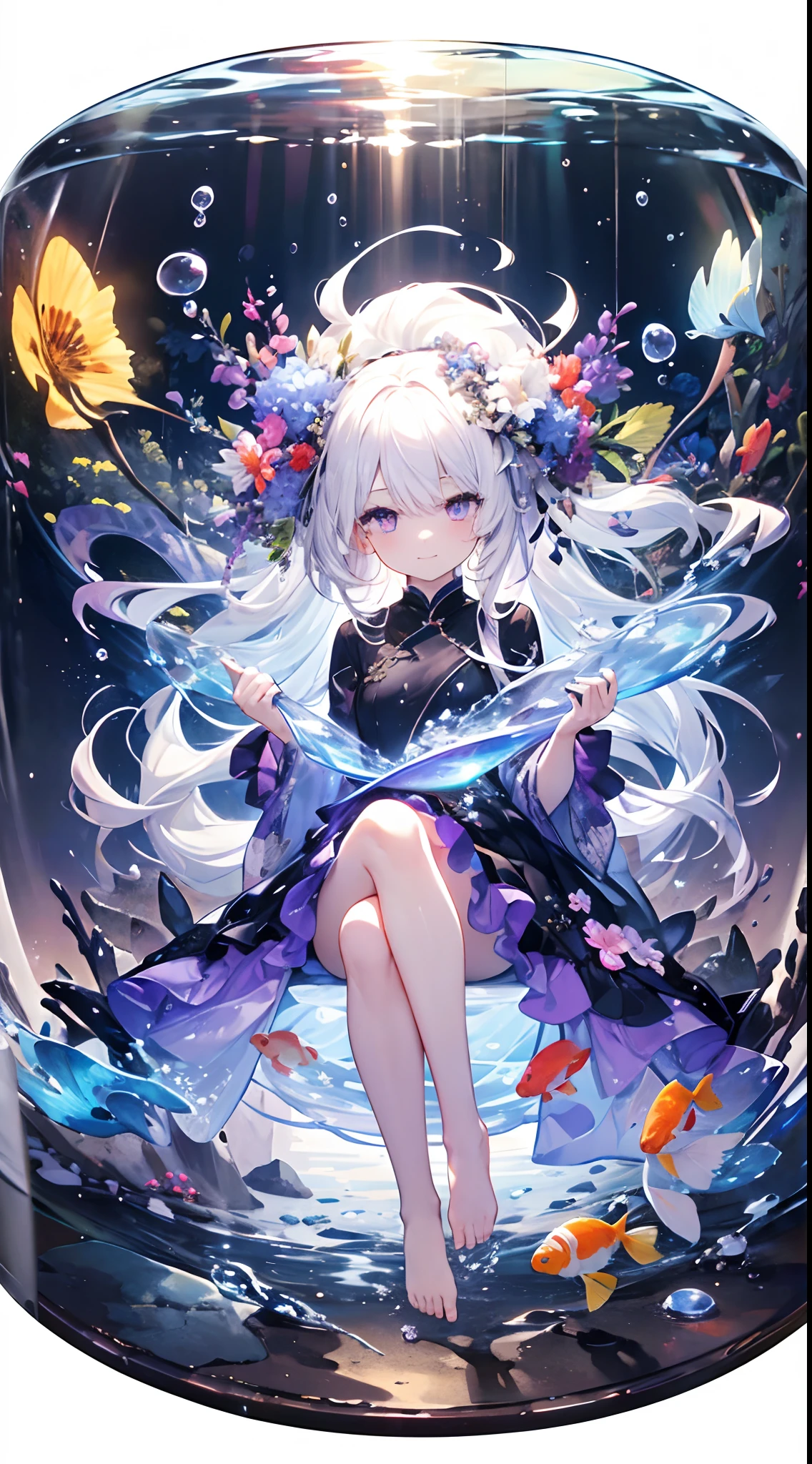 [(Transparent background:1.5)::5],(((masterpiece))),(((best quality))),(((extremely detailed))),illustration, 1girl,solo,mysterious,vivid color,shiny, underwater transparent sealed hemispherical glass dome, (white hair),(purple eyes), full body,barefoot,long hair tranquil nature, koi,Underwater, Dome,close up,Dynamic actions,Lens perspective,(((Box composition))),sit cross-legged and lean against the bookshel, volumetric lighting, multi-color eyes, detailed eyes, hyper detailed,light smile, highly detailed, beautiful, small details, ultra detailed, best quality, intricate, 4k, 8k, trending on artstation, good anatomy, beautiful lighting, award-winning,
