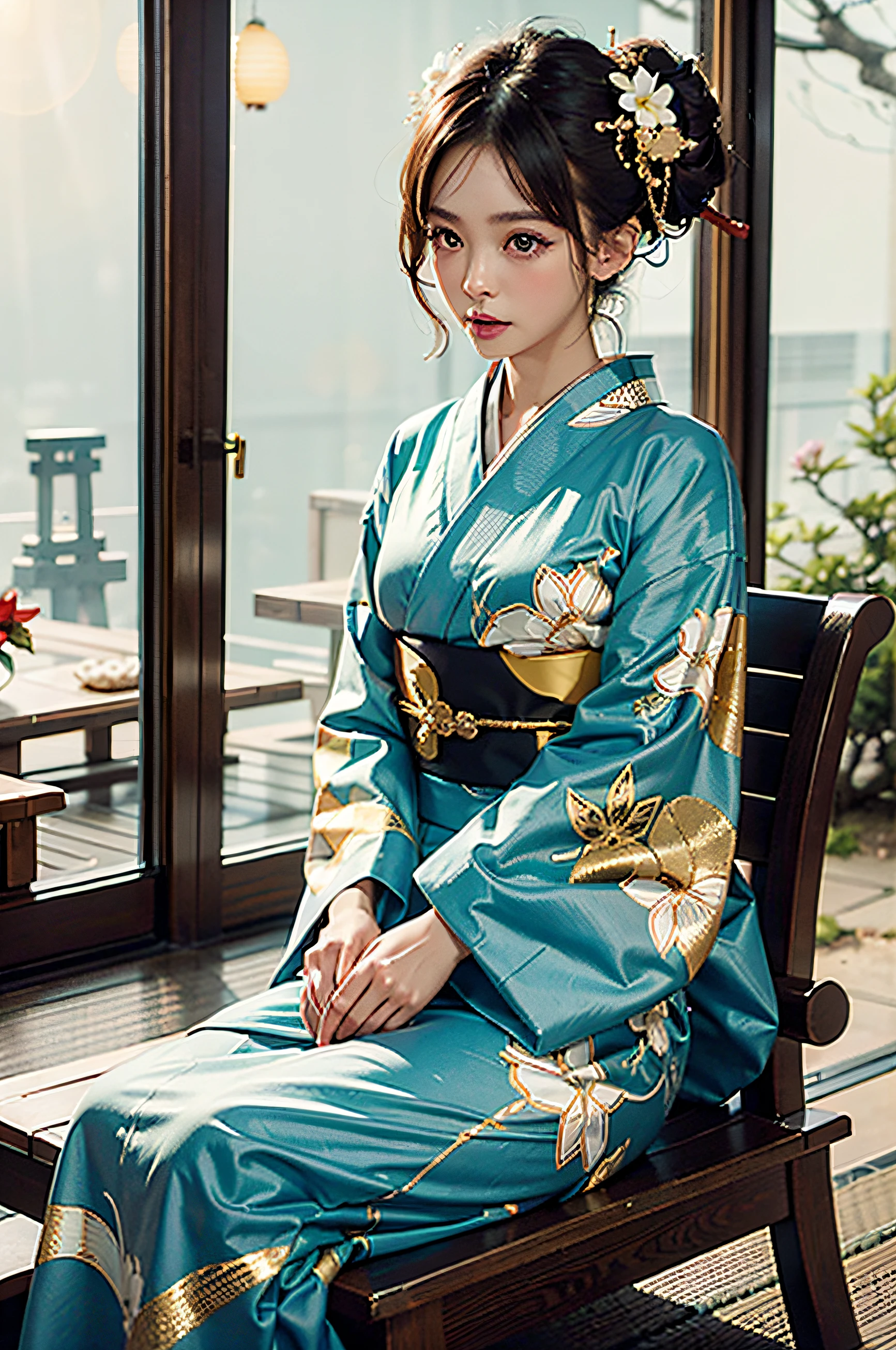 Best Quality, masutepiece, hight resolution, (exquisite body:1.5),gorgeous faces,(Very white skin:1.3),Intricate details,High resolution,Wallpaper, Facial shades
1 girl, Solo, Dress, Very detailed face, Hair Ornament, (((white background and gold and red kimono))), (((Yukata))), Flowers, Long hair, Light brown hair, Closed mouth, Jewelry, Long sleeves, Hand up, Wide sleeves, Japan obi, Big eyes, Young Woman, ((Nape of neck)), Floating hair, ((Kimono)), Geisha, Japanism, embroidery, Sitting bench, Natural pose, Falling petals, Indoor, Fanning, lantern, Traditional architecture of Japan, ((pet the kittent)), shy
16k,nffsw,hight resolution, Depth Field,(Film grain:1.1), the golden hour,(Lens Flare), Vignette, rainbowing,(colour grading:1.5)