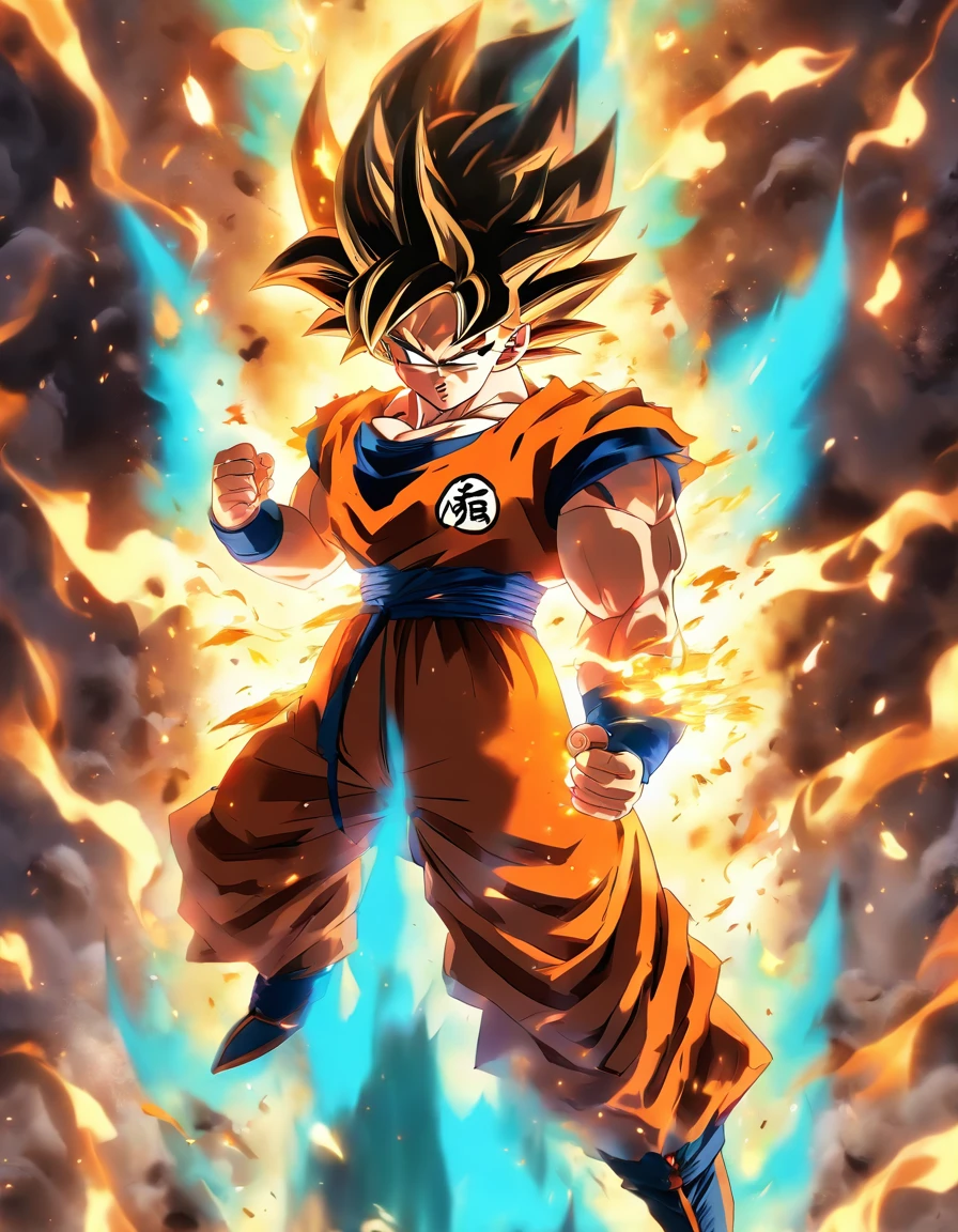 Dragon Ball Z Son Goku, bangs, breathingfire, Burning, burnt clothes, embers, ahoge, Beige hair, multicolored hair, Fire, Flame, Flaming Sword, (hand on hilt), standing, Long hair, pyrokinesis, Expressionless, Smoke, flower(symbol), Solo, spark of light, Sunset, Twilight, flor branca, Molten rock, Lily (flower), fiery flower, Depth of field, Burning ,