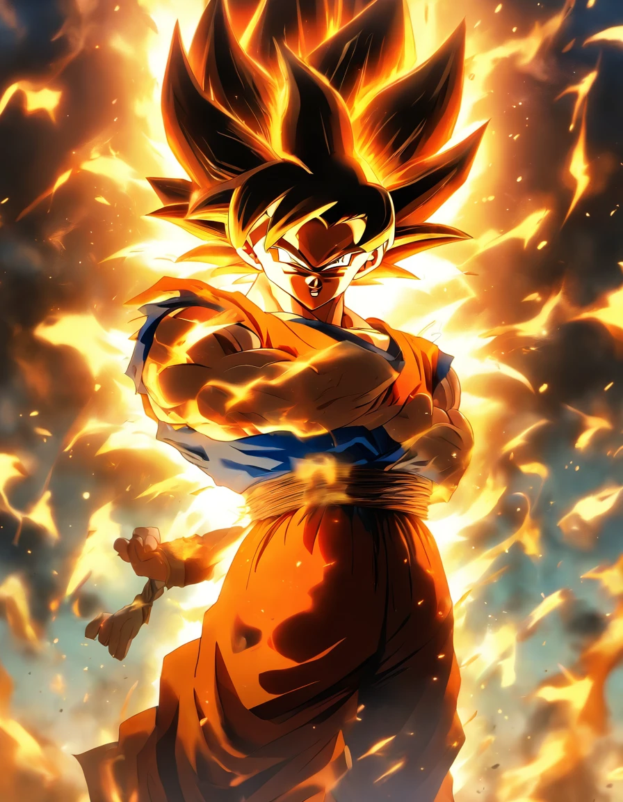 Dragon Ball Z Son Goku, bangs, breathingfire, Burning, burnt clothes, embers, ahoge, Beige hair, multicolored hair, Fire, Flame, Flaming Sword, (hand on hilt), standing, Long hair, pyrokinesis, Expressionless, Smoke, flower(symbol), Solo, spark of light, Sunset, Twilight, flor branca, Molten rock, Lily (flower), fiery flower, Depth of field, Burning ,