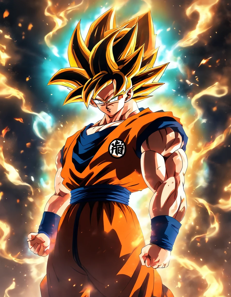 Dragon Ball Z Son Goku, bangs, breathingfire, Burning, burnt clothes, embers, ahoge, Beige hair, multicolored hair, Fire, Flame, Flaming Sword, (hand on hilt), standing, Long hair,  pyrokinesis, Expressionless, Smoke, flower(symbol),  Solo, spark of light, Sunset, Twilight, flor branca, Molten rock, Lily (flower),  fiery flower, Depth of field, Burning ,