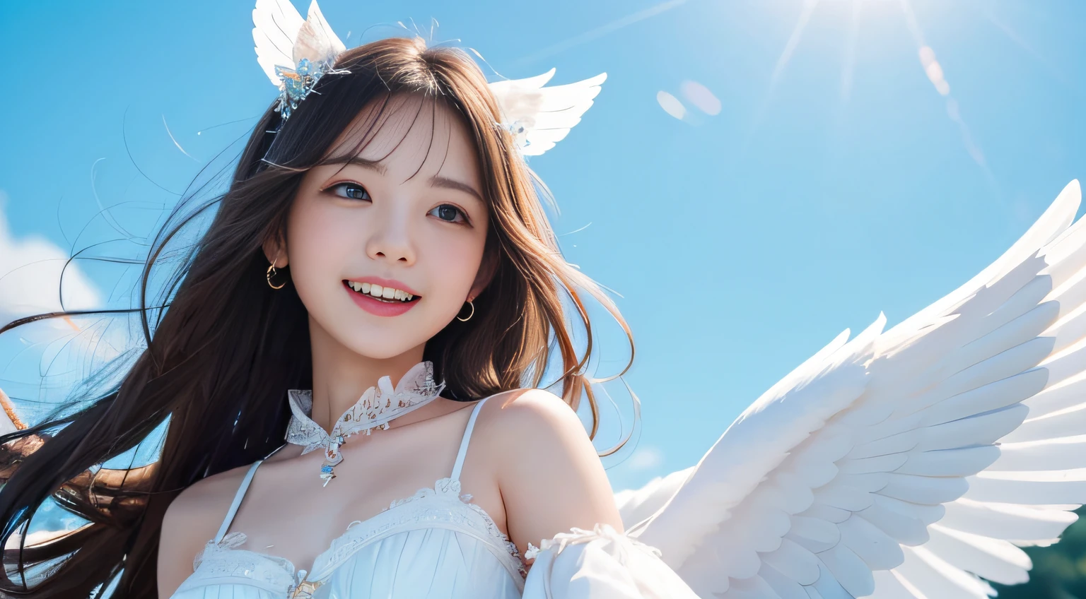I want to imagine a cute angel girl flapping white wings in the blue sky, A detailed eye,Capture with high quality, Realistic, and detailed photos. Angel Girl、You should be radiating happiness with a smile as you soar through the sky. The focus should be sharp, And the lighting should come from the front, Highlights the intricate details of the angel girl's wings and her joyful expression. The image is、Must be 8K resolution with amazingly crisp and vibrant colors.  --ar1:1--V 5.1