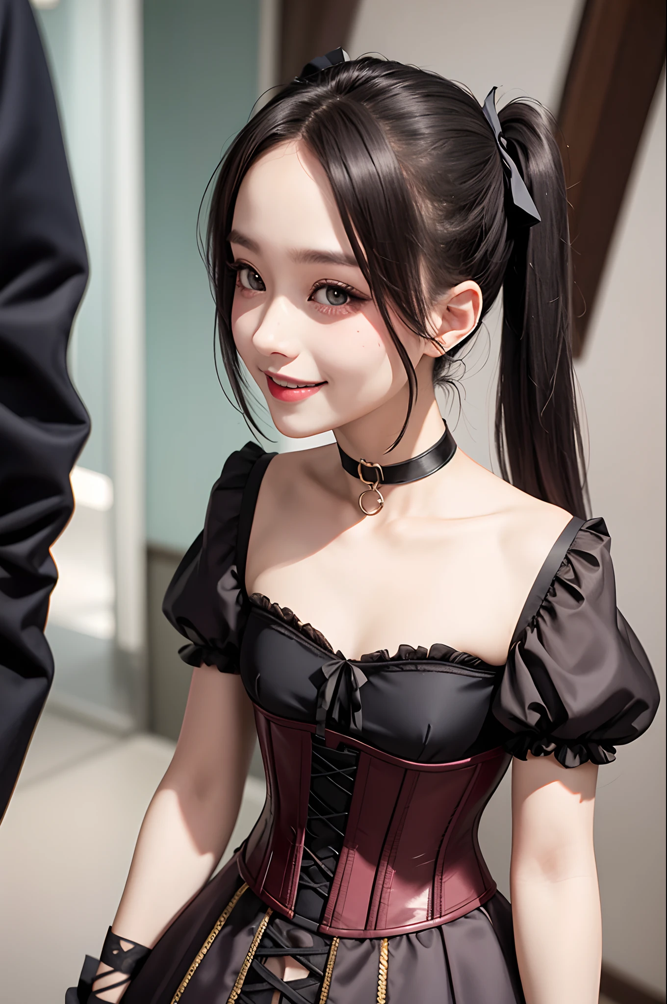 pony tails, corset, dress, choker, smiling, muted colors, cinematic, grain, sharp focus, [ulzzang-6500-v1.1:0.7]