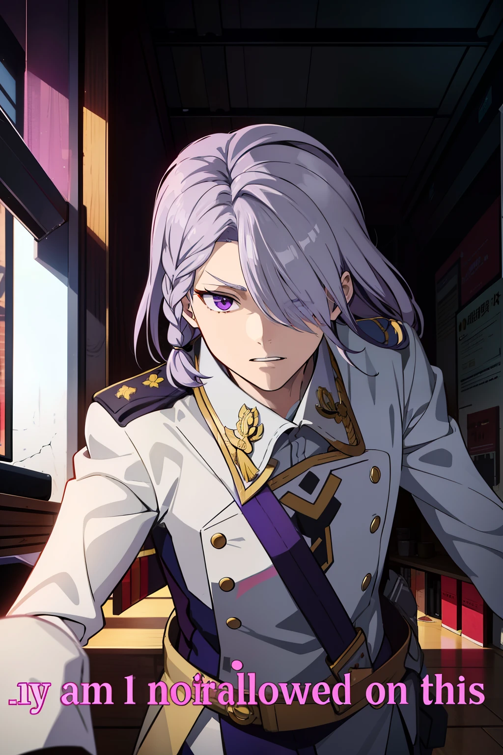 A-Dry is tall, Has sharp purple eyes、Young man with lilac-gray hair. His left eye is obscured by his hair bangs、The hair on the other side is braided from a bob. His left eye was wounded by a gunshot.、was covered with bandages. When his left eye was not bandaged, The injured person in his left eye was、Although there were vertical scars and bruises to replace the original eye that remained removed due to irreparability. The usual costume is、consisted of one of his Drusia military uniform pilot equipment, And in his princely costume he was dressed in a royal costume.
