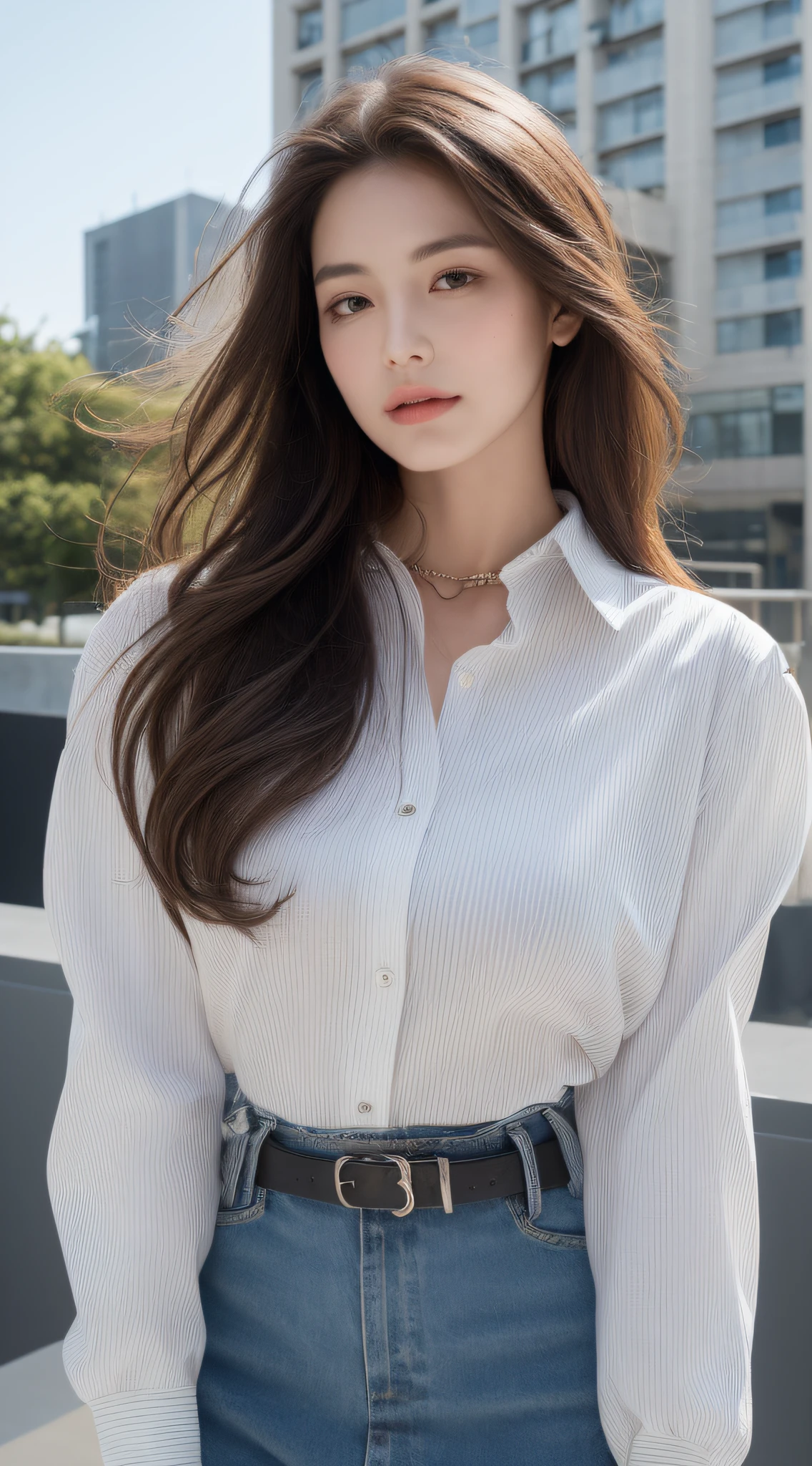 (Best quality, High resolution, Masterpiece :1.3), A tall and pretty woman, Slender abs, Dark brown hair styled in loose waves, Breasts, Wearing pendant, White button up shirt, Belt, Black skirt, (Modern architecture in background), Details exquisitely rendered in the face and skin texture, Detailed eyes, Double eyelid