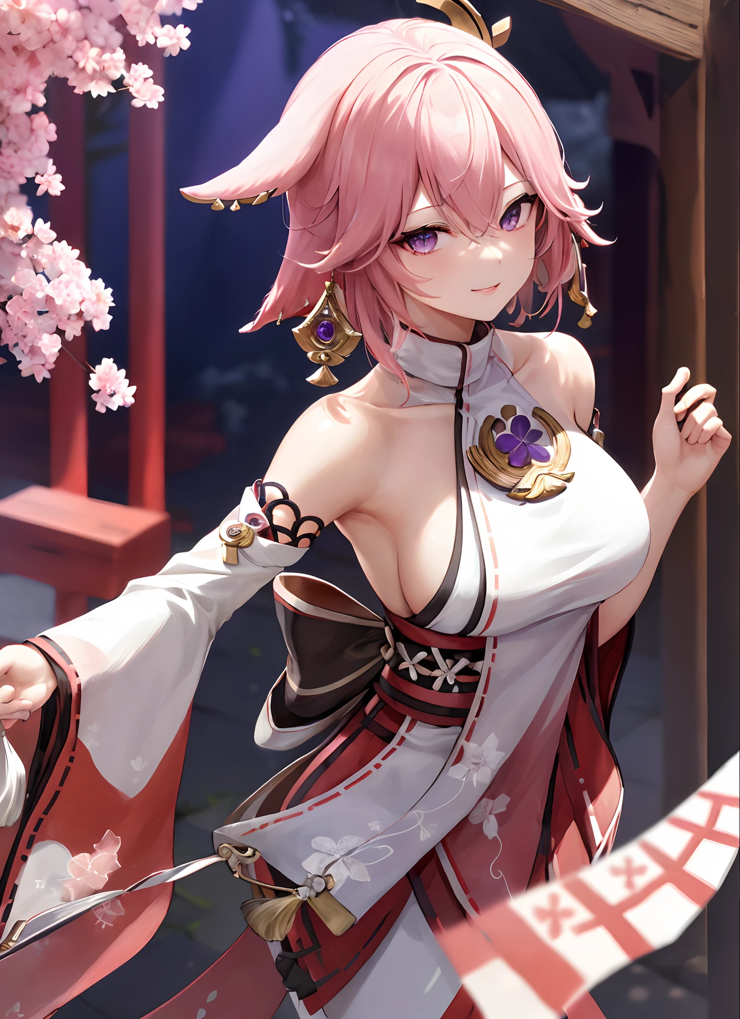yae miko, Detached sleeves, bare shoulders, cheveux roses, cheveux longs, japanese clothes, beste-Qualit, (peinture:1.5), (ornement de cheveux:1.35), bijoux, violet yeux, boucles d'oreilles, seins, torii, fleurs de cerisier, lanterne, profondeur de champ, face detailed, mise au point sur le visage, ruban_trim, (regardant la visionneuse : 1,25), miko non traditionnel, peau brillante, manches longues, sourire, thick lips, jeu cg , hands on lips, architecture est-asiatique, (blured background:1.2), assis, haut du corps,