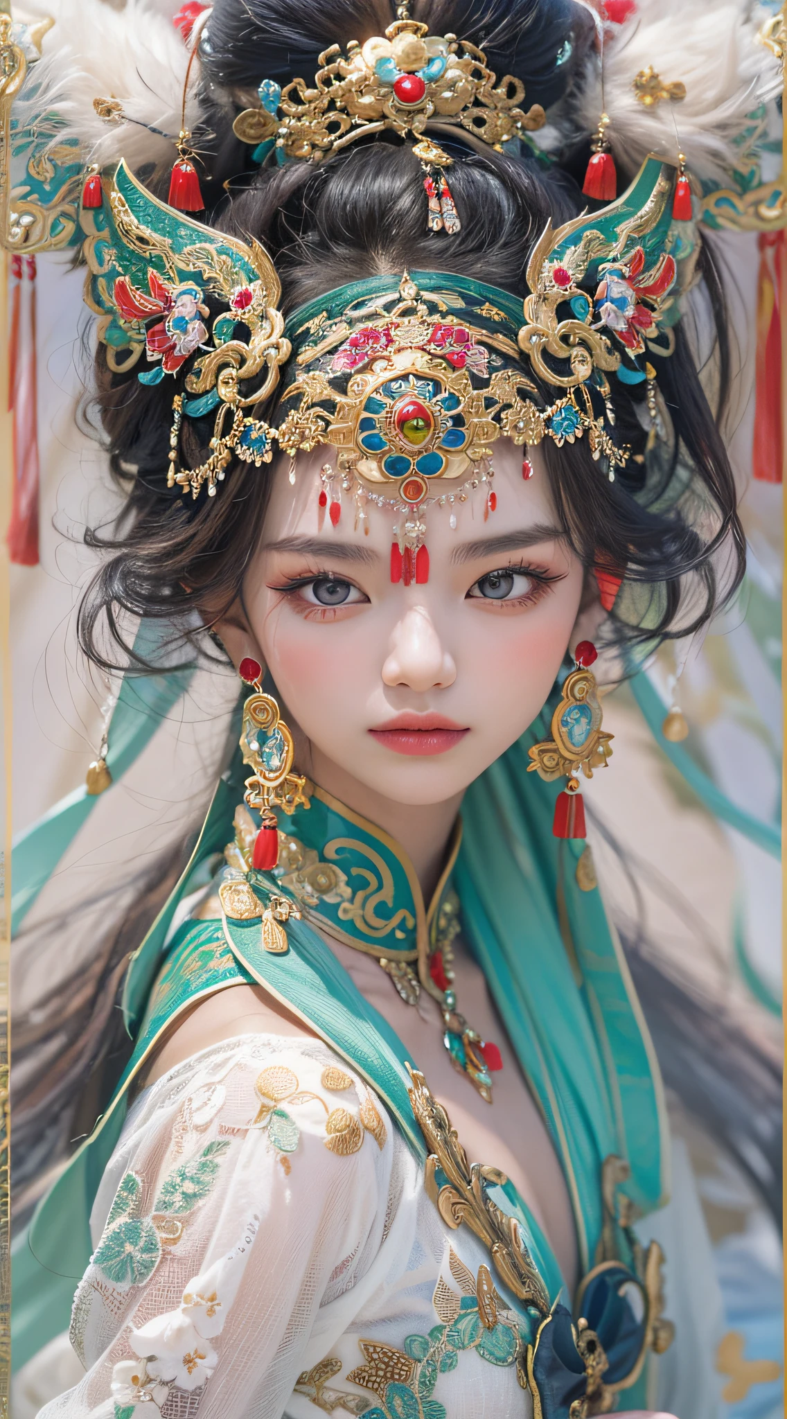 (High-res, 4K, Masterpiece:1.2),Ultra-detailed,(Realistic,photo-realistic:1.37),Traditional Chinese opera,(beijing opera),Lady,Exquisite makeup,vibrant clothing,captivating expression,Colorful headdress,Detailed Embroidery,beautiful eyes and lips,Exquisite traditional jewelry,Delicate brushstrokes,Impeccable lighting effects,Vibrant colors,A well-designed stage,Set against a magnificent backdrop,Pay attention to every intricate detail,An artistic interpretation of the essence of the character,Show the beauty of traditional Chinese culture,An exemplary blend of tradition and art