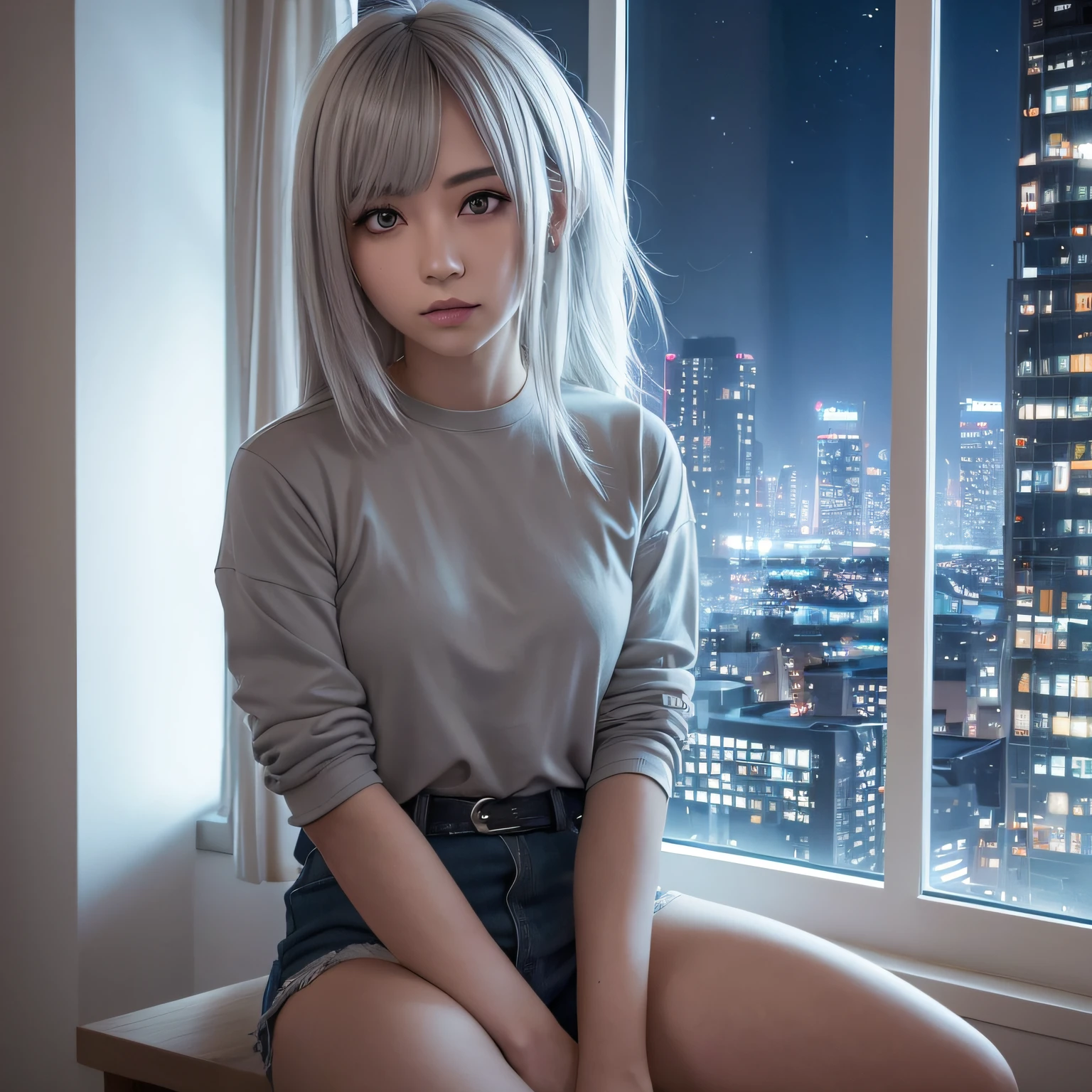 (masterpiece), Highest quality, Cyan eyes, Light grey hair, Expressive eyes, Jorhaya, Sitting in a high-rise apartment room, Night Sky, Cityscape, View your viewers, City lights, window, highlight, Dramatic Light, Calm face, Camisole Room Socks