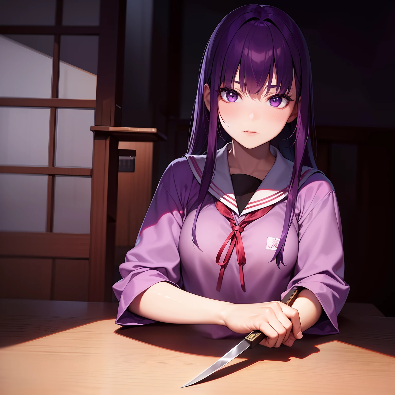 Purple-haired girl, Japanese school uniform, sitting at a Japanese school desk, holding a knife, with a bloodied arm, (best quality, 4k, highres, masterpiece:1.2), ultra-detailed, (realistic:1.37), portraits, dark and moody color palette, dramatic lighting.