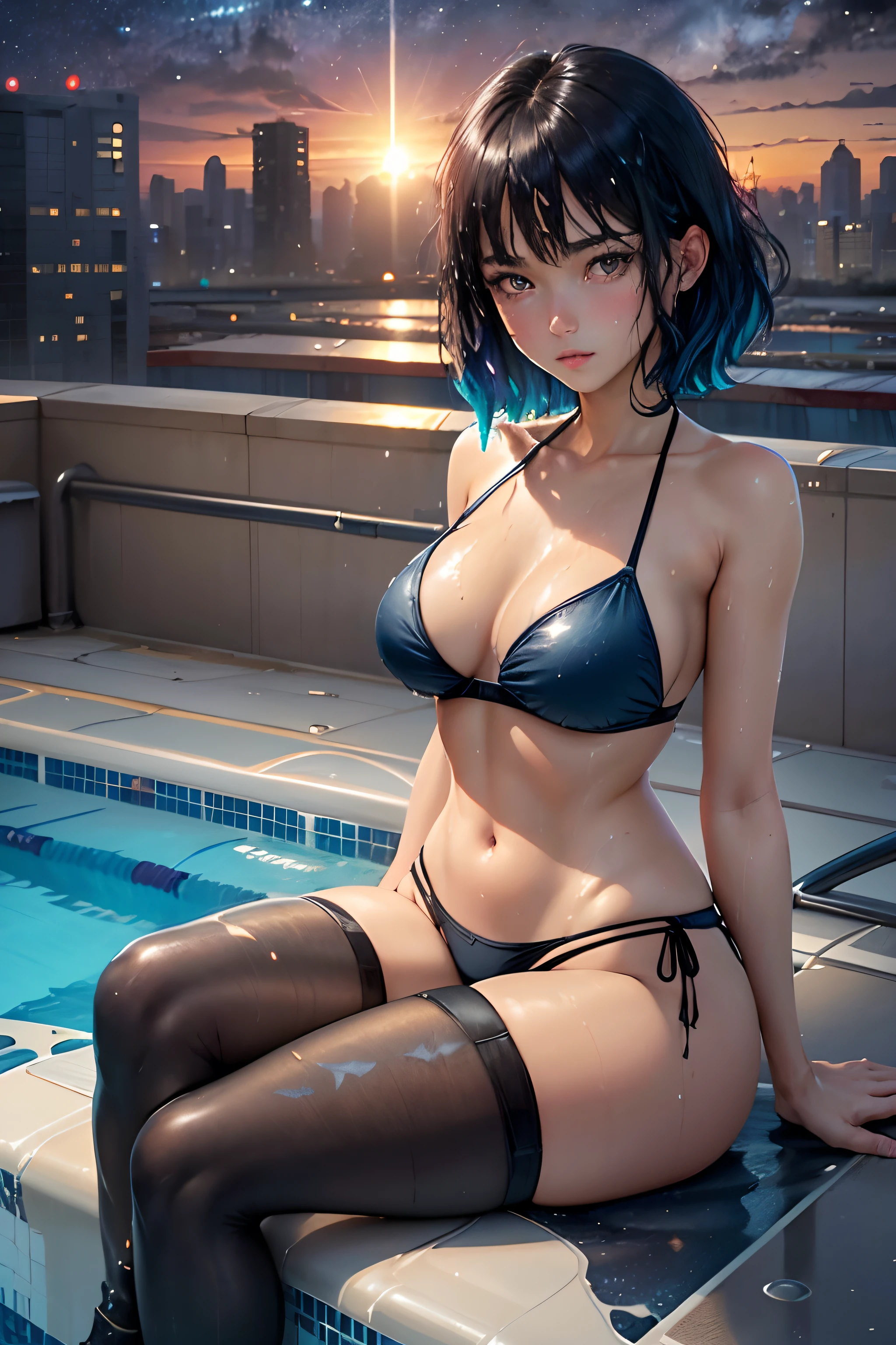 Pool girl, masterpiece, high quality, exquisite wallpaper, 16k, animation, illustration, overlooking perspective, (gorgeous starry sky background :1.2), (beautiful sunset :1.5), (rooftop outdoor swimming pool :1.4), (high-rise city background :1.5), (sky :1.2), perfect human body, complete body, detailed face, exquisite features, Fabulous body, ojousama, bishoujo,(solo:1.2),((1girl)), short hair,(black hair: 1.3),(colored inner hair:1.5), beautiful blue eyes, laid-back expression,(strup bikini :1.4),(strup :1.3), (Soggy clothes :1.4), black denim shorts,(panties under pantyhose:1.2), (leg belt),(sitting on the edge of a swimming pool), crossed legs, thin, sexy,(large medium breasts),  tall, high height, sunset