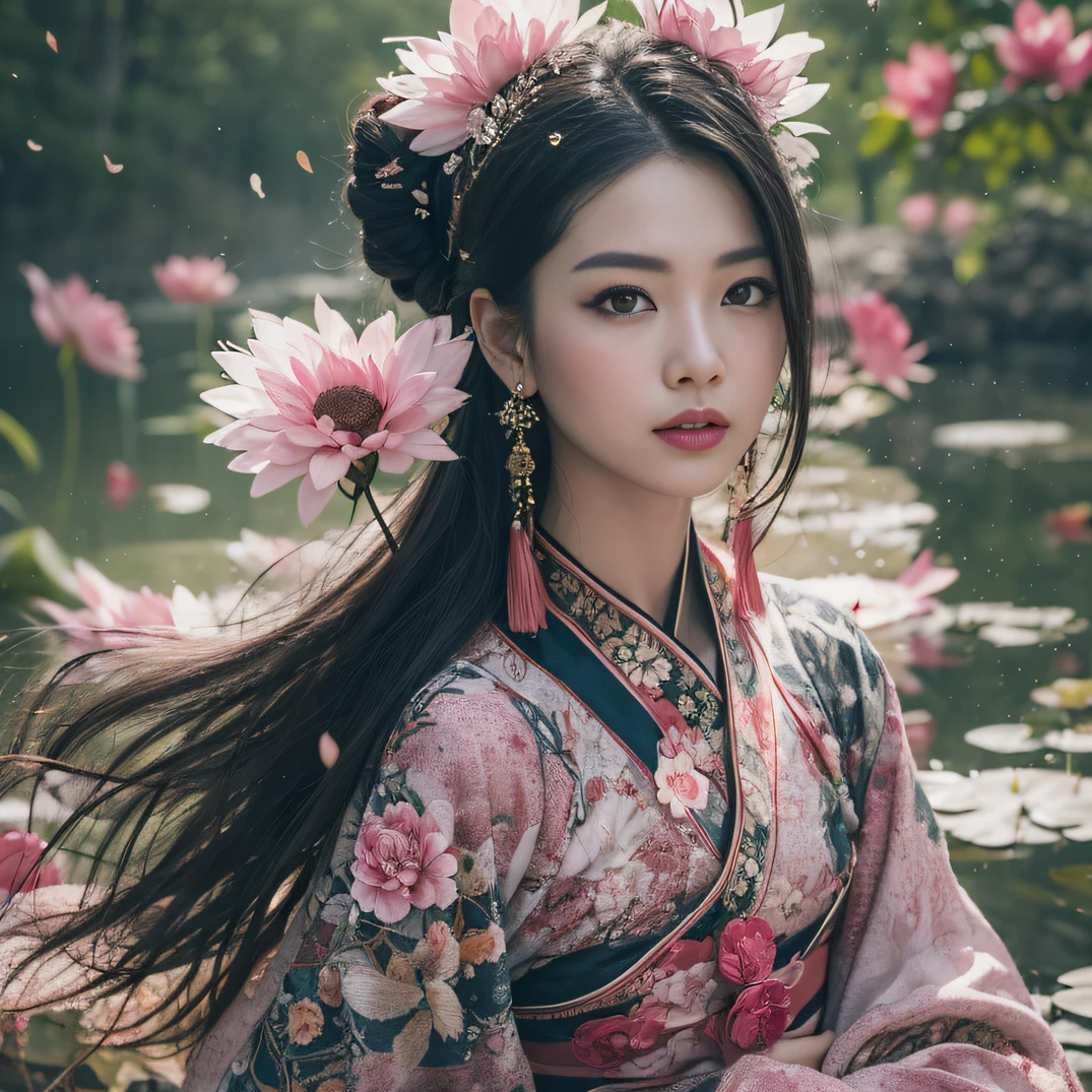 32K(tmasterpiece,k hd,hyper HD,32K)Long flowing black hair,ponds,zydink, a color, Aozhou people (Concubine girl), (Silk scarf), Combat posture, looking at the ground, long whitr hair, Floating hair, Carp pattern headdress, Chinese long-sleeved clothing, (abstract ink splash:1.2), Pink petal background,Pink and white lotus flowers fly(realisticlying:1.4),Black color hair,Fallen leaves flutter,The background is pure, A high resolution, the detail, RAW photogr, Sharp Re, Nikon D850 Film Stock Photo by Jefferies Lee 4 Kodak Portra 400 Camera F1.6 shots, Rich colors, ultra-realistic vivid textures, Dramatic lighting, Unreal Engine Art Station Trend, cinestir 800,Long flowing black hair,Denim skirt