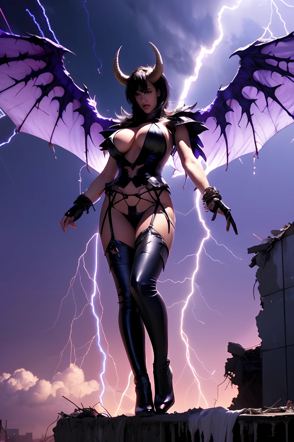 Lisa Ann as a hyper-giant, Hyper-powerful demon with a demon horn on its head and demon wings, and throws purple lightning bolts at a building, ville en ruine post apocalyptique,