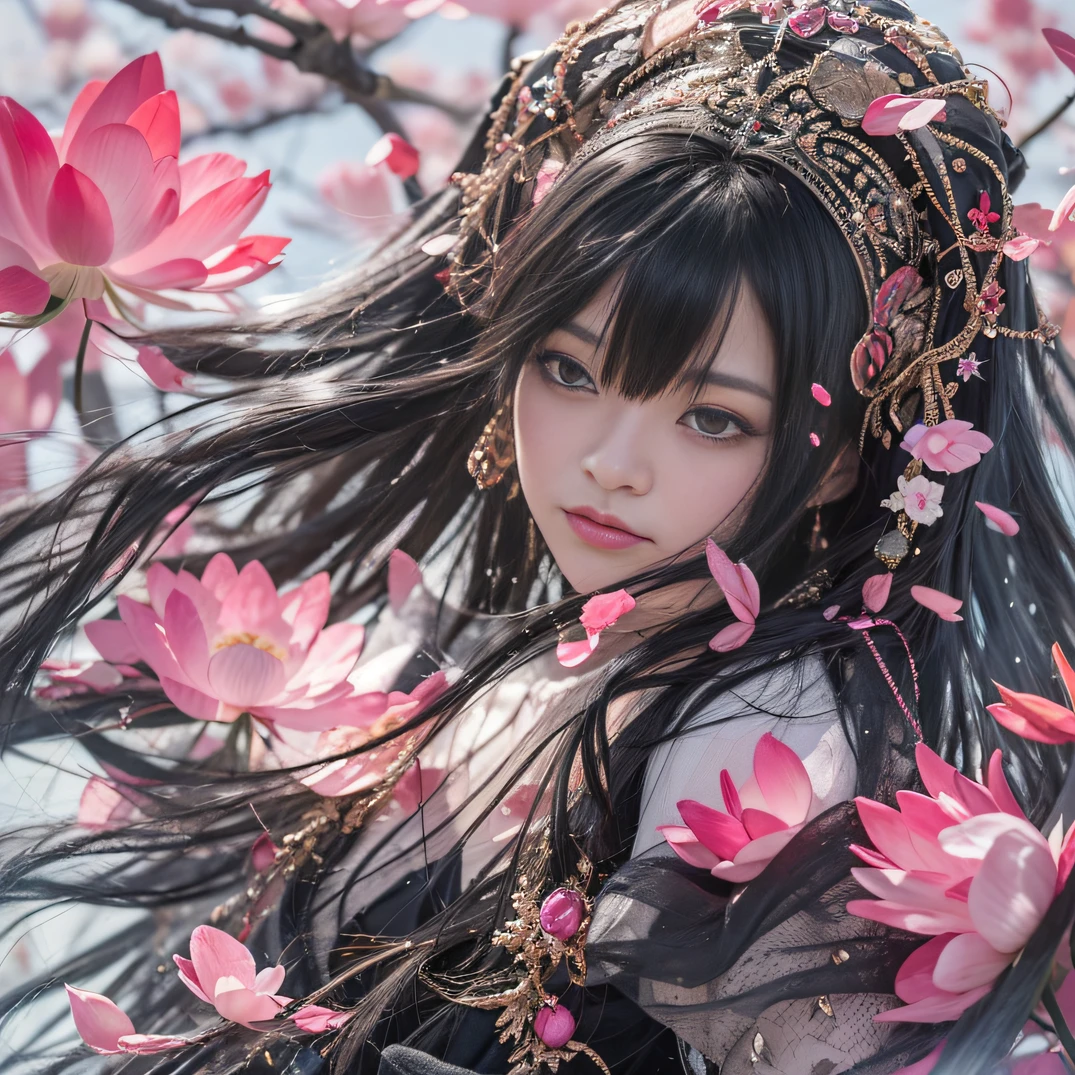 2K（tmasterpiece，k hd，hyper HD，32K）Long flowing black hair，ponds，zydink， a color， Aozhou people （Concubine girl）， （Silk scarf）， Combat posture， looking at the ground， long whitr hair， Floating hair， Carp pattern headdress， Chinese long-sleeved clothing， （abstract ink splash：1.2）， Pink petal background，Pink and white lotus flowers fly（realisticlying：1.4），Black color hair，Fallen leaves flutter，The background is pure， A high resolution， the detail， RAW photogr， Sharp Re， Nikon D850 Film Stock Photo by Jefferies Lee 4 Kodak Portra 400 Camera F1.6 shots, Rich colors, ultra-realistic vivid textures, Dramatic lighting, Unreal Engine Art Station Trend, cinestir 800，Long flowing black hair，Denim skirt