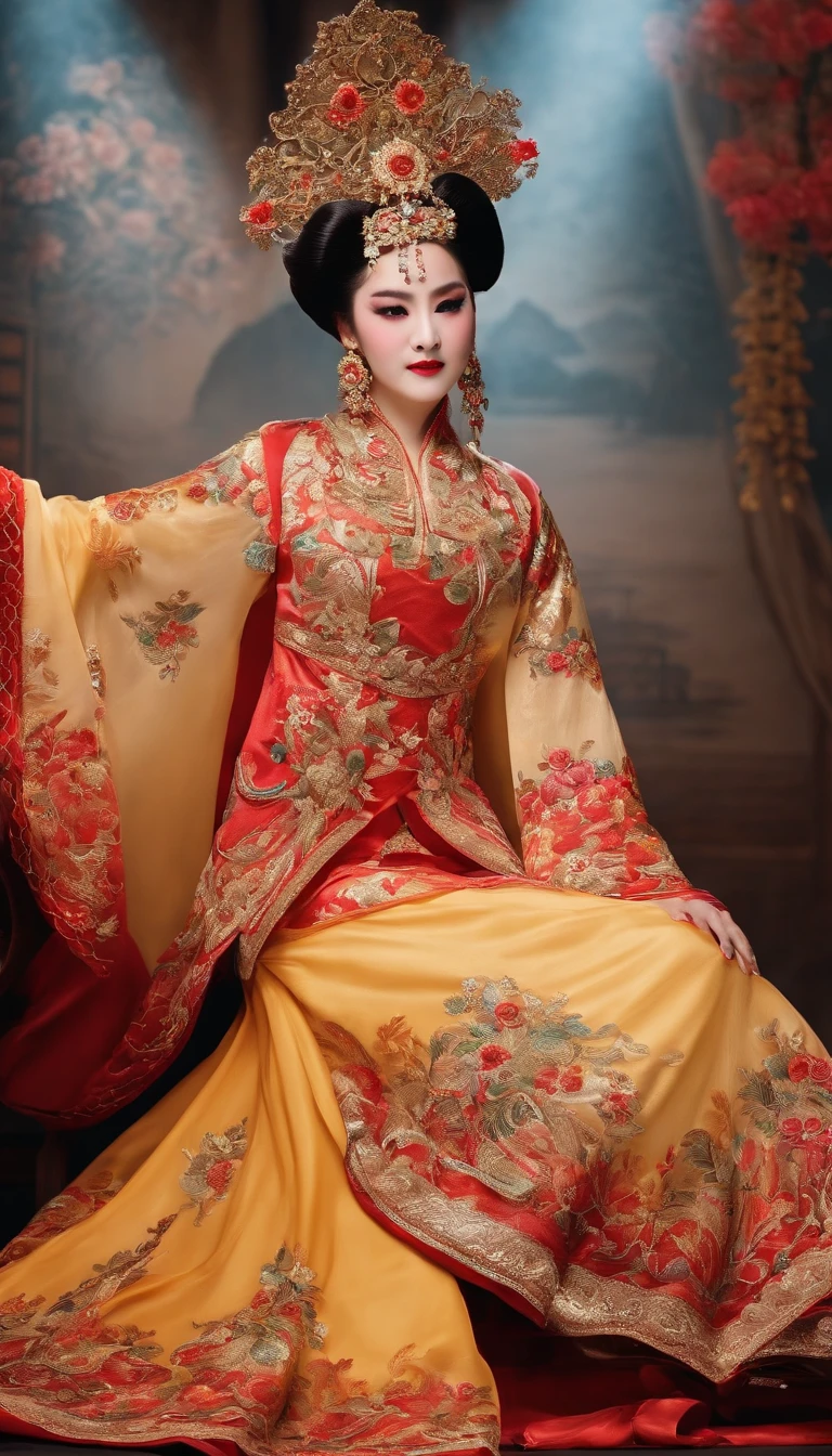 (best quality, masterpiece:1.2), 1 girl, traditional Chinese opera, colorful costumes, elaborate makeup, dynamic poses, intricate hand movements, dramatic facial expressions, vibrant stage backdrop, stage lights, flowing silk dresses, detailed embroidery, ornate headpieces, elegant fan movements, powerful storytelling, intense emotions, live orchestra music, theatrical atmosphere, captivating audience, long standing cultural heritage