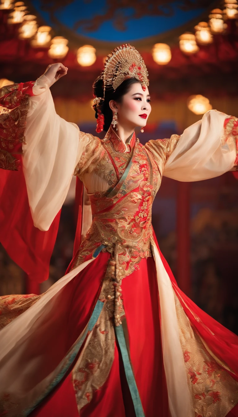 (best quality, masterpiece:1.2), 1 girl, traditional Chinese opera, colorful costumes, elaborate makeup, dynamic poses, intricate hand movements, dramatic facial expressions, vibrant stage backdrop, stage lights, flowing silk dresses, detailed embroidery, ornate headpieces, elegant fan movements, powerful storytelling, intense emotions, live orchestra music, theatrical atmosphere, captivating audience, long standing cultural heritage