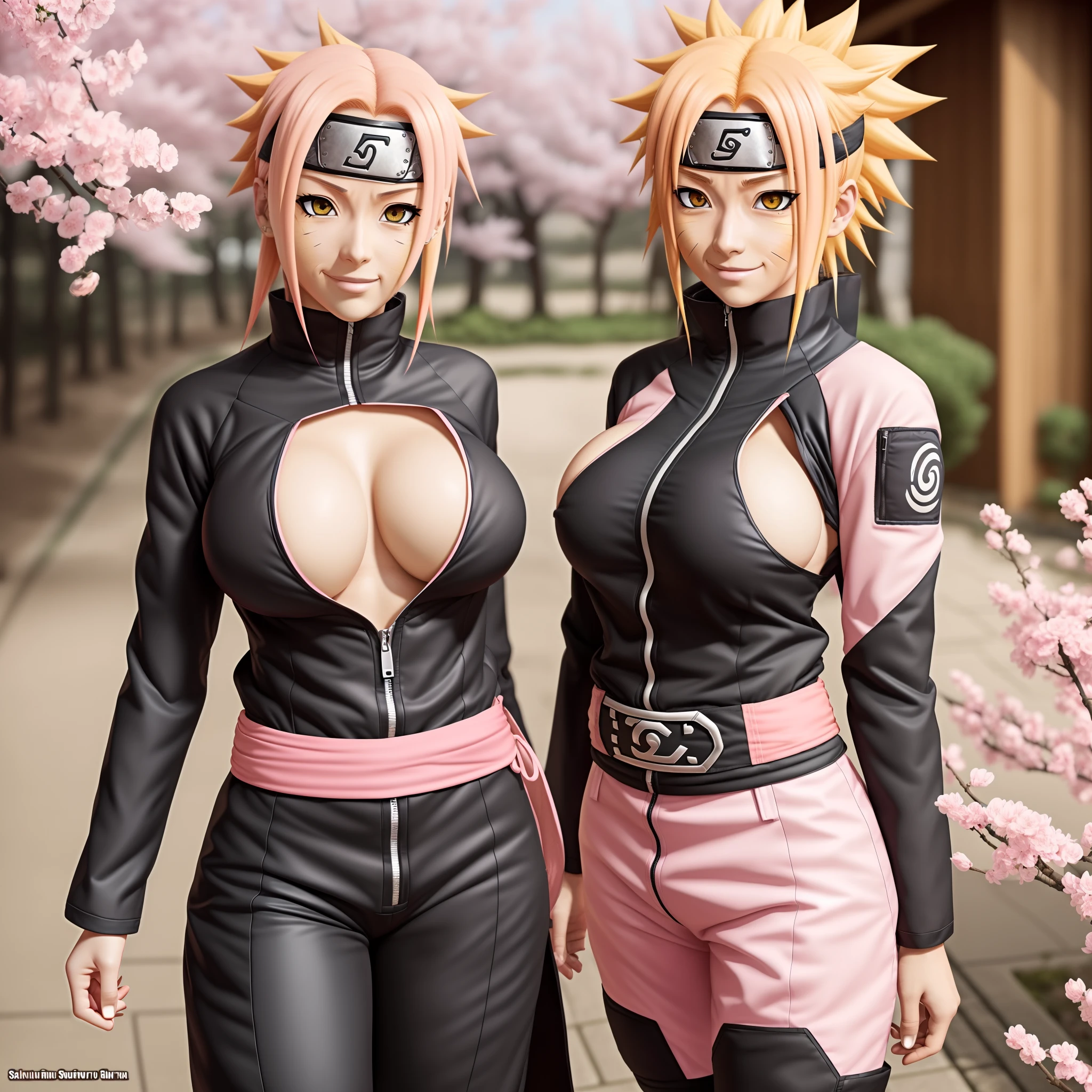 (Naruto fusion with sakura:1.1), looking to you, big breast, (yellow and pink hair color:1.1), pink ninja suit, big breast, (solo:1.2)