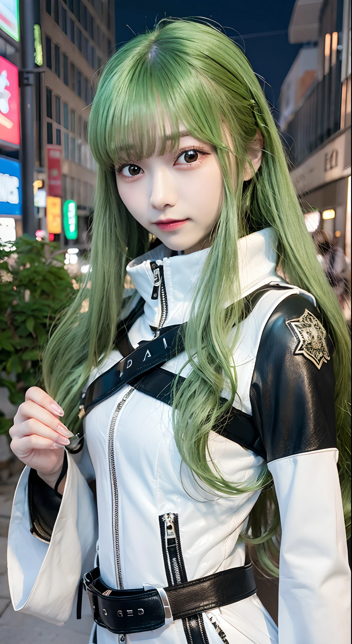 Code Gear Stickers, nffsw,  (Green hair:1.4), Long hair, Straight hair,
Blake Strait Jacket, (white straitjacket:1.5), Wide sleeves,
BREAK outdoors, city,
BREAK looking at viewer, BREAK (masutepiece:1.2), Best Quality, High resolution, Unity 8k壁纸, Beautiful detailed eyes, extra detailed face,A smile、cowboy  shot