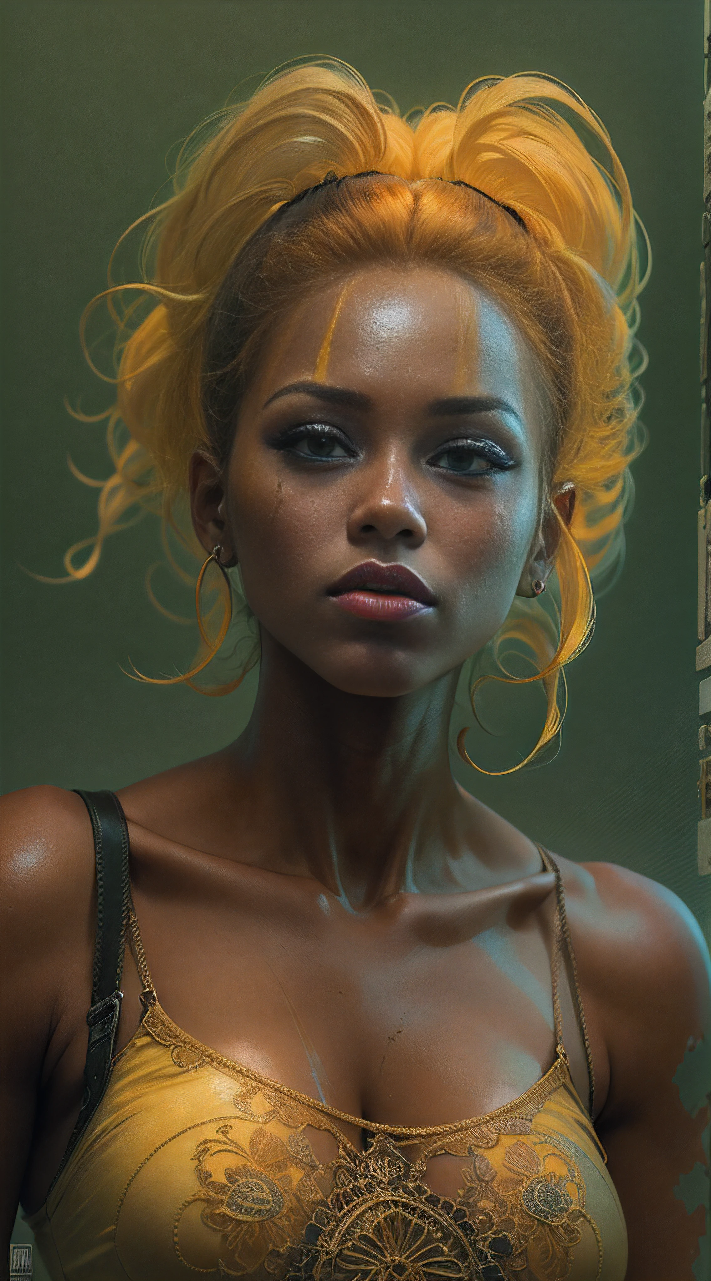 pretty young ebony woman, makeup clown, yellow hair, abs, portrait, green background, perfect composition, beautiful detailed intricate insanely detailed octane render trending on artstation, 8 k artistic photography, photorealistic concept art, soft natural volumetric cinematic perfect light, chiaroscuro, award - winning photograph, masterpiece, oil on canvas, raphael, caravaggio, greg rutkowski, beeple, beksinski, giger