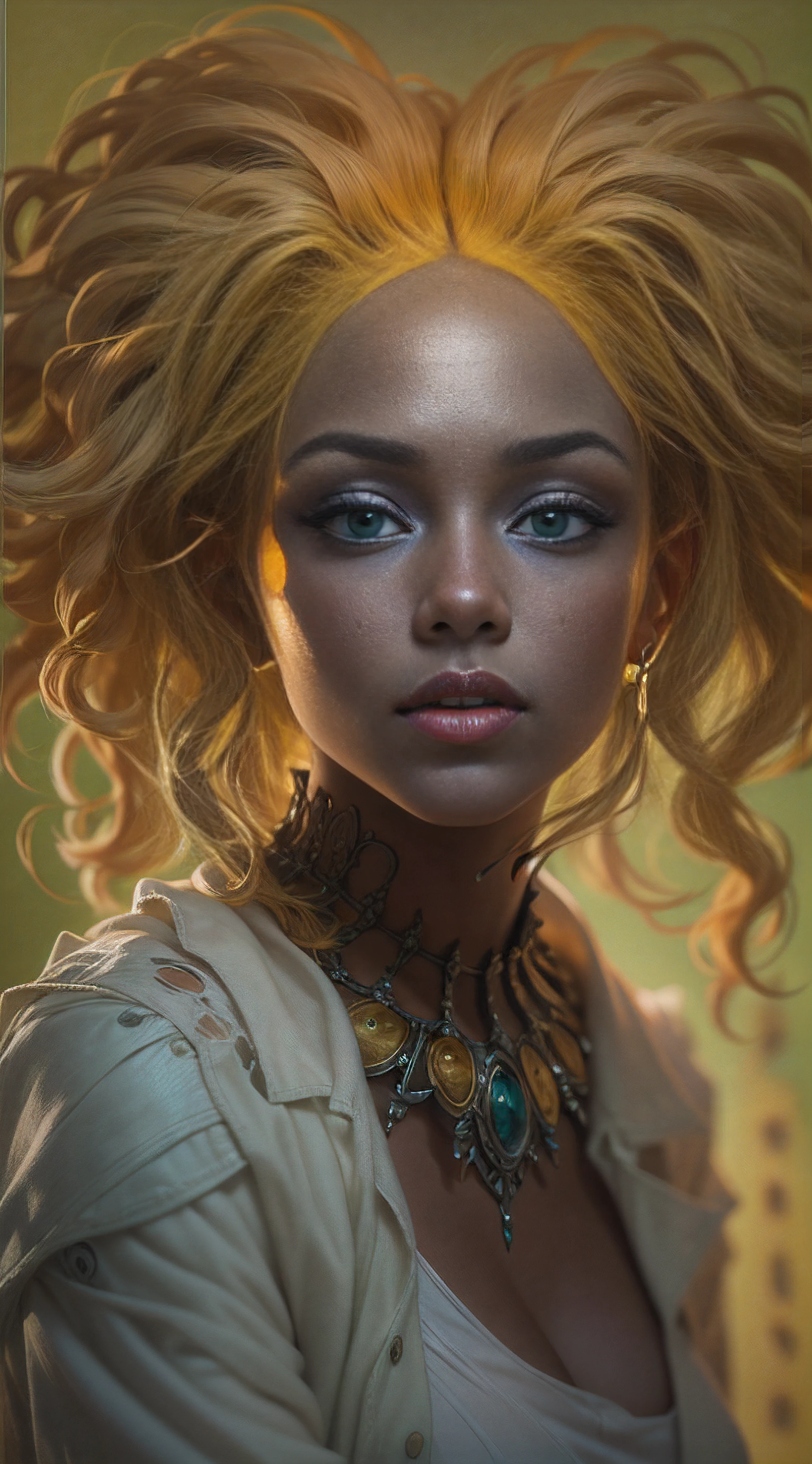 pretty young ebony woman, makeup clown, yellow hair, abs, portrait, green background, perfect composition, beautiful detailed intricate insanely detailed octane render trending on artstation, 8 k artistic photography, photorealistic concept art, soft natural volumetric cinematic perfect light, chiaroscuro, award - winning photograph, masterpiece, oil on canvas, raphael, caravaggio, greg rutkowski, beeple, beksinski, giger