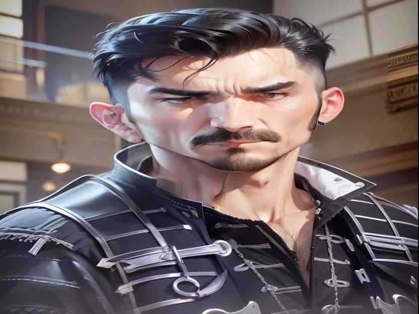 (highest resolution, distinct_image) best quality, ((two men)), supporting each other, masterpiece, high detail, semi-realistic, black short hair, black hair, bangs, mature, young, tall and strong, the right hand body is wearing a black coat, Stern and serious, tall and handsome, majestic and mighty, with exquisite facial features, ((with perspective mirror))
