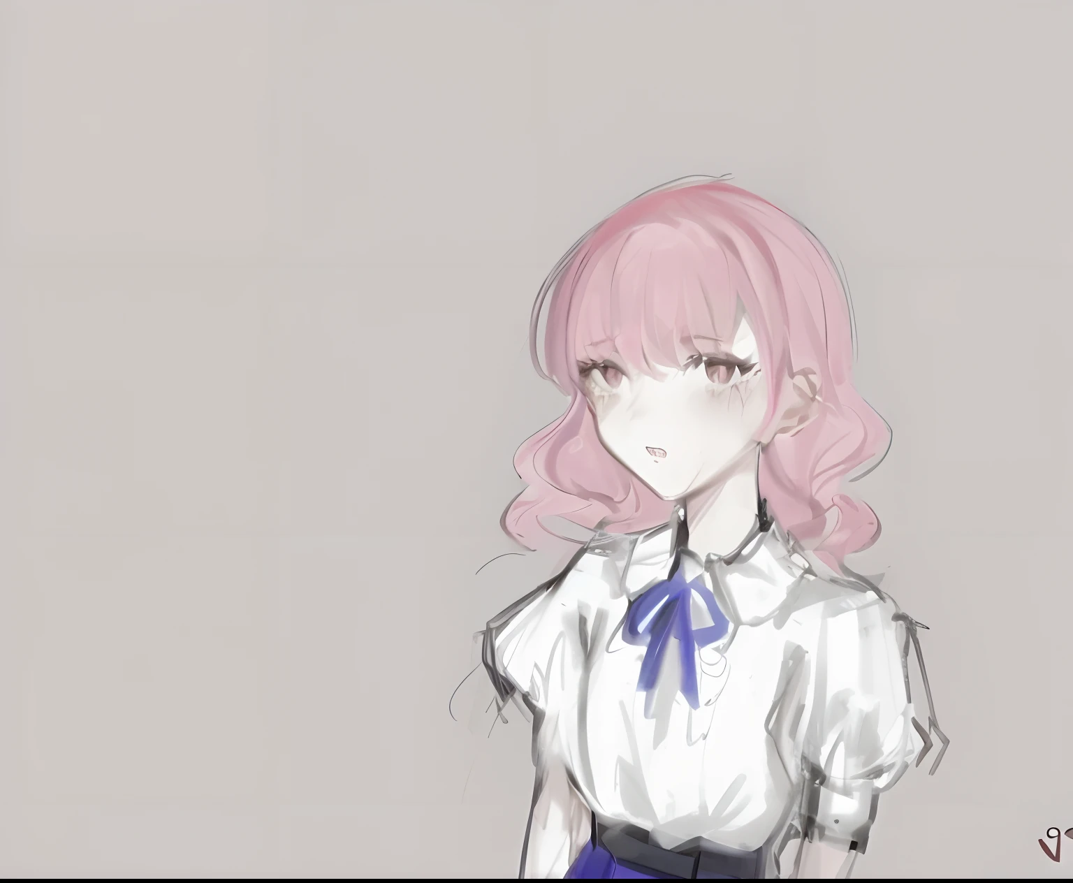 Anime girl with pink hair and blue skirt standing in front of gray background, in anime style, flat anime style shading, soft anime illustration, Delicate anime style, Gapmo Yandere, Yandere. Tall, an anime girl, Anime Style, In anime style, sayori, Pictures of anime girls, made with anime painter studio, stylized anime