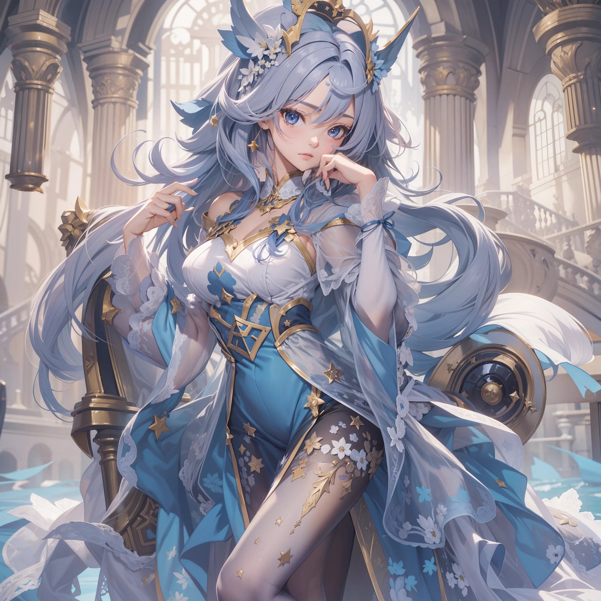 ((Masterpiece, Highest quality)), Detailed face, CharacterDesignSheet， full bodyesbian, Full of details, Multiple poses and expressions, Highly detailed, Depth, Many parts，Beautiful paladin girl，Pleasure，lacepantyhose, High Balance, Natural light, Lace，lacepantyhose，blue colors，starrysky，Star decoration