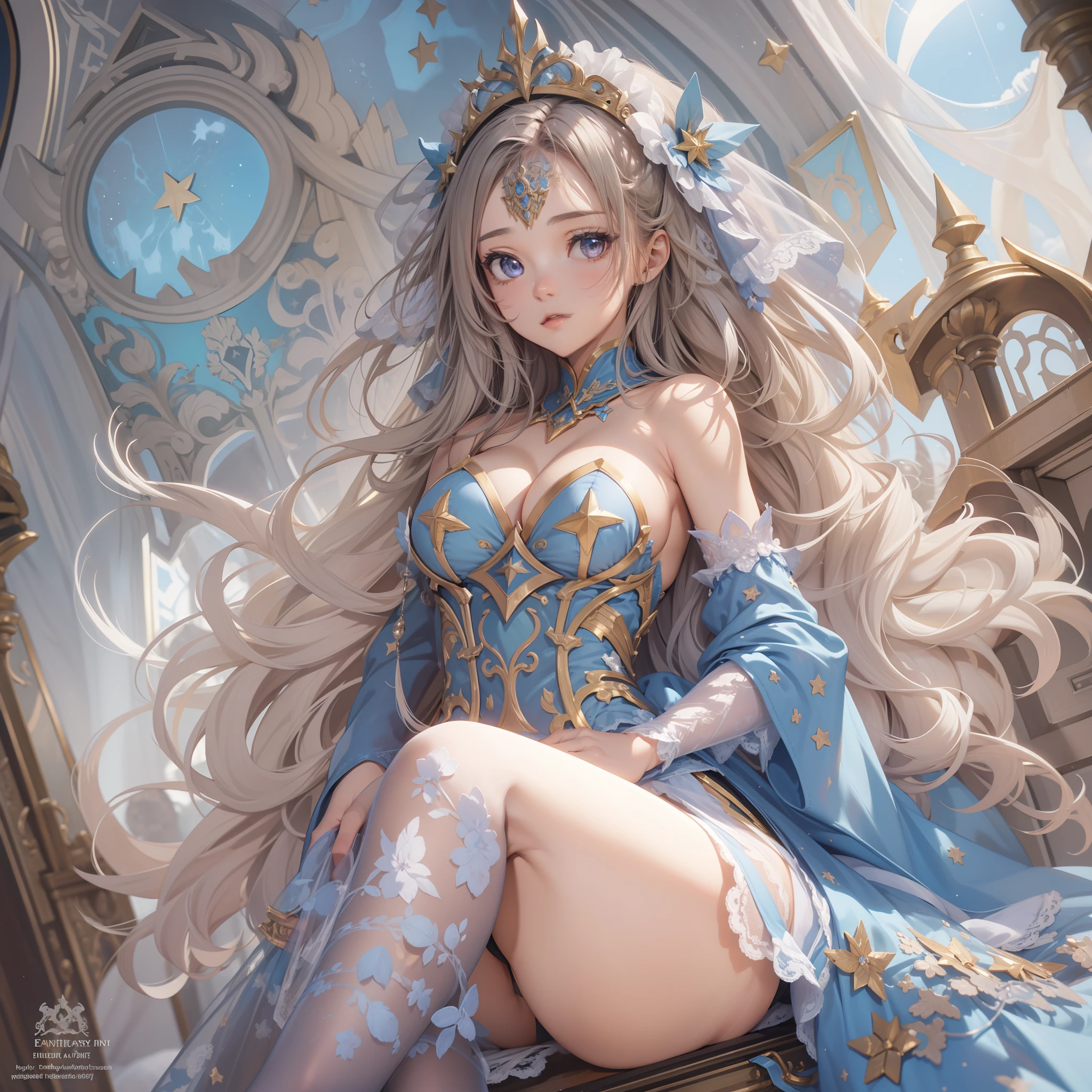((Masterpiece, Highest quality)), Detailed face, CharacterDesignSheet， full bodyesbian, Full of details, Multiple poses and expressions, Highly detailed, Depth, Many parts，Beautiful paladin girl，Pleasure，lacepantyhose, High Balance, Natural light, Lace，lacepantyhose，blue colors，starrysky，Star decoration