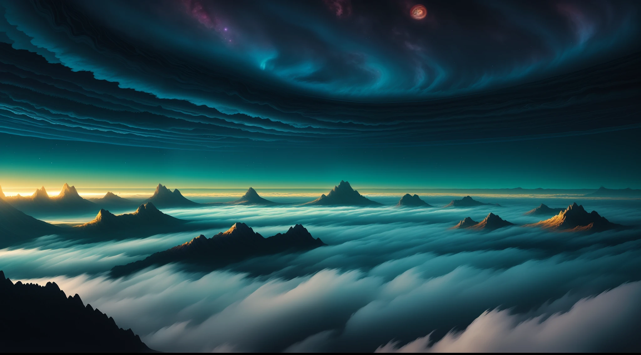 illustration of jupiter clouds by dan mumford, alien landscape and vegetation, epic scene, a lot of swirling clouds, high exposure, highly detailed, realistic, vibrant blue tinted colors, uhd