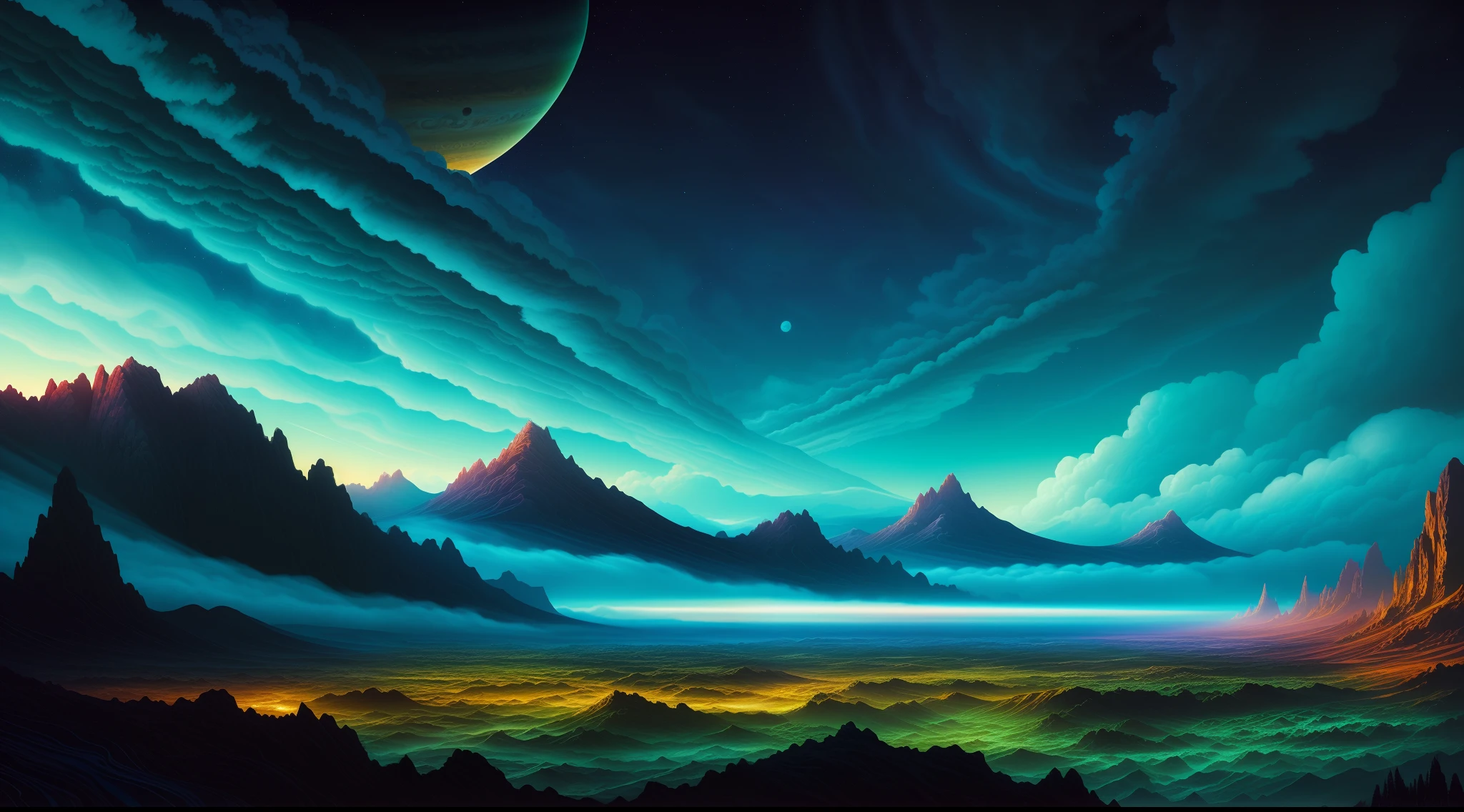illustration of jupiter clouds by dan mumford, alien landscape and vegetation, epic scene, a lot of swirling clouds, high exposure, highly detailed, realistic, vibrant blue tinted colors, uhd