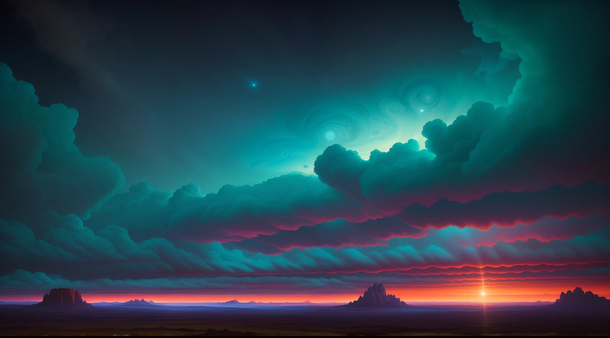 illustration of jupiter clouds by dan mumford, alien landscape and vegetation, epic scene, a lot of swirling clouds, high exposure, highly detailed, realistic, vibrant blue tinted colors, uhd