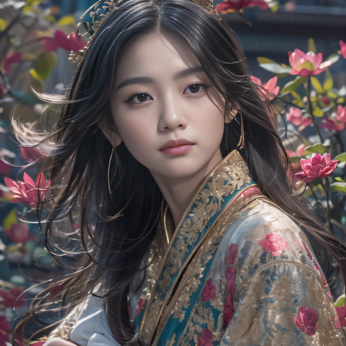 32K(tmasterpiece,k hd,hyper HD,32K)Long flowing black hair,ponds,zydink, a color, Aozhou people (Concubine girl), (Silk scarf), Combat posture, looking at the ground, long whitr hair, Floating hair, Carp pattern headdress, Chinese long-sleeved clothing, (abstract ink splash:1.2), Pink petal background,Pink and white lotus flowers fly(realisticlying:1.4),Black color hair,Fallen leaves flutter,The background is pure, A high resolution, the detail, RAW photogr, Sharp Re, Nikon D850 Film Stock Photo by Jefferies Lee 4 Kodak Portra 400 Camera F1.6 shots, Rich colors, ultra-realistic vivid textures, Dramatic lighting, Unreal Engine Art Station Trend, cinestir 800,Long flowing black hair,Denim skirt