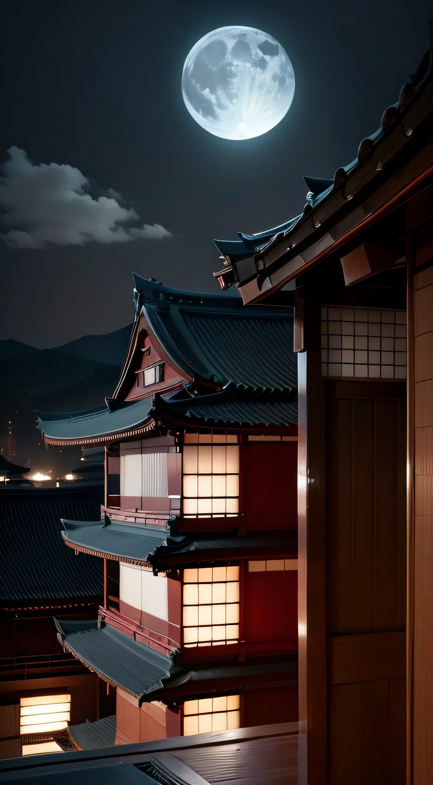 Moon over Japanese buildings, Foto, High quality