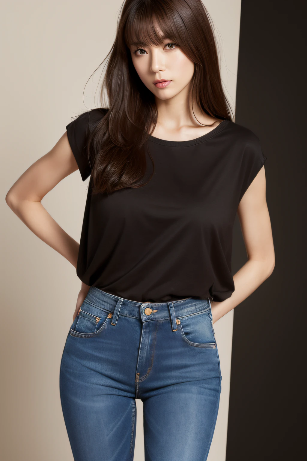 top-quality,full body Esbian,40 years old japanese woman, Colossal tits,long legged, foco nítido:1.2, Beautiful woman with perfect body shape:1.4, Slender Abs:1.1, ((dark brown hair、Colossal tits:1.2)), (White tight t-shirt、Tight skinny jeans 、is standing:1.2), Highly detailed facial and skin texture, A detailed eye, 二重まぶた,